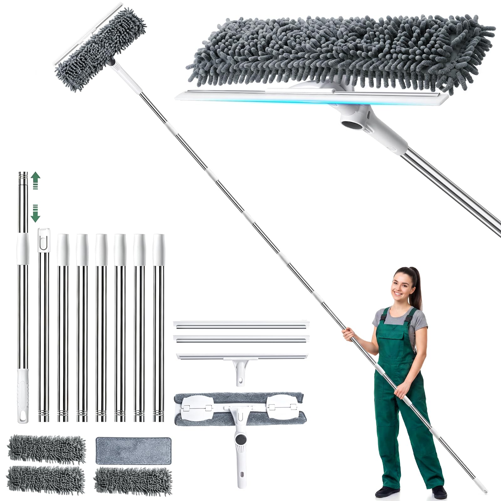 4m Telescopic Window Cleaner Kit with Squeegee,180° Swivel for High Windows