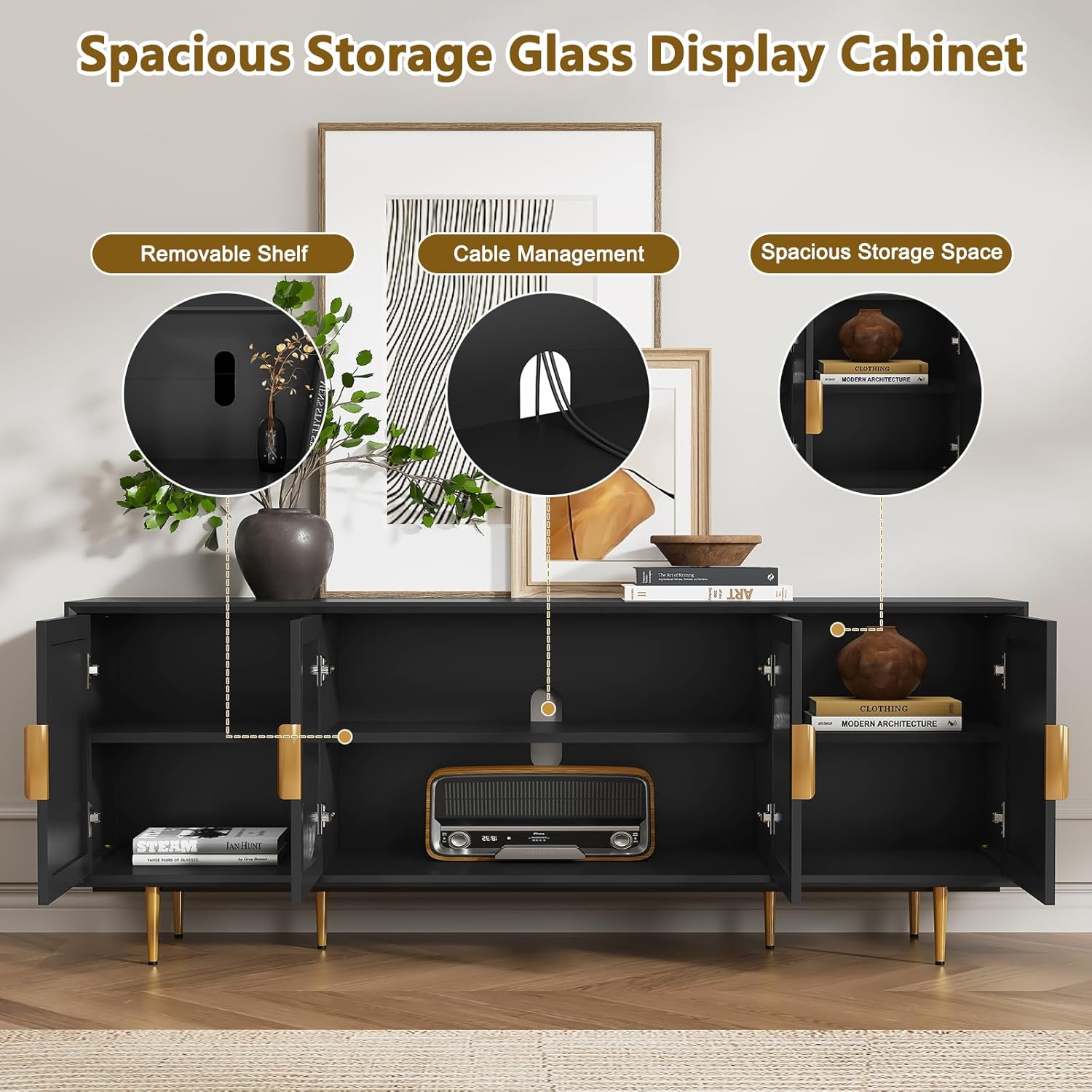66" TV Stand for 75 Inch TV, Minimalist Media Console with Adjustable Shelves, Modern Entertainment Center with Storage for Living Room Bedroom, Black