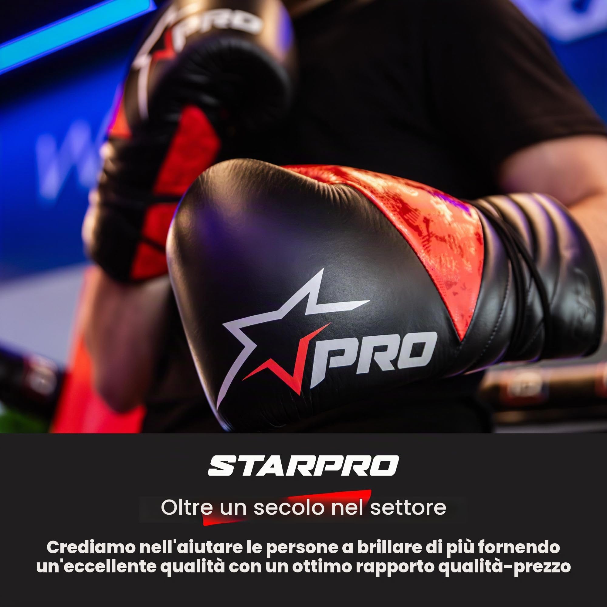 Starpro Guantoni da boxe neri premium | Pelle PU | Vestibilità ergonomica, schiuma ad alta densità, supporto per il polso, ideali per l'allenamento e lo sparring