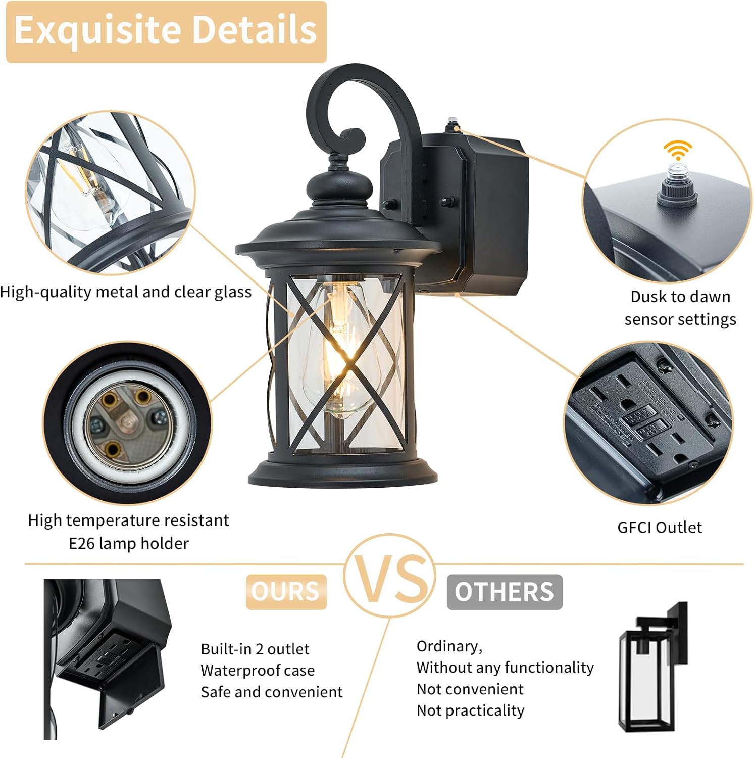 Dusk to Dawn Photocell Sensor Outdoor Porch Light with GFCI Outlet, Anti-Rust Waterproof Industrial Outdoor Lantern, Black Exterior Work Lights Rustic Wall Light