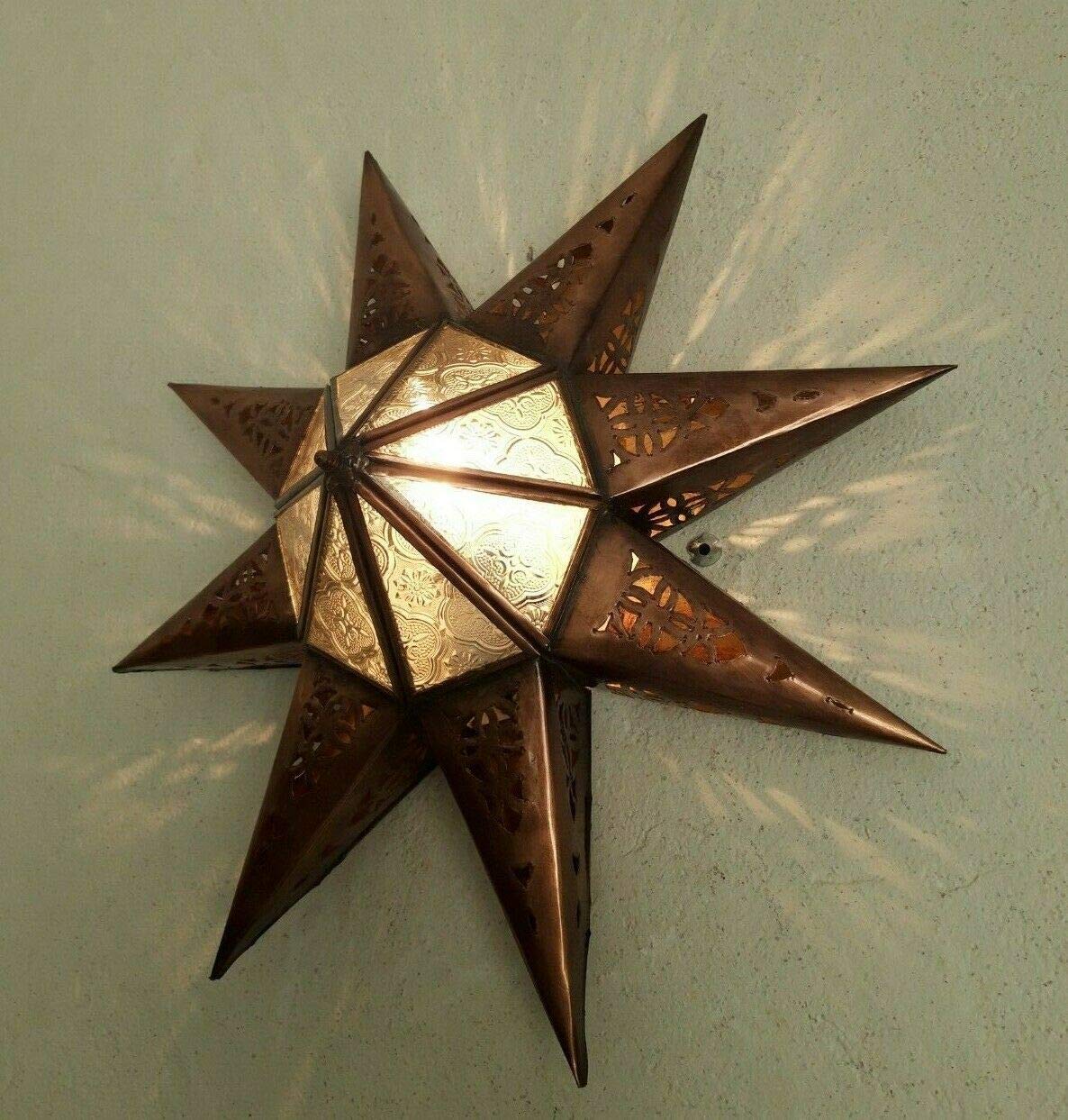 Aplique de pared marroquí, hierro cincelado patinado, estrella lustre farol luz de pared