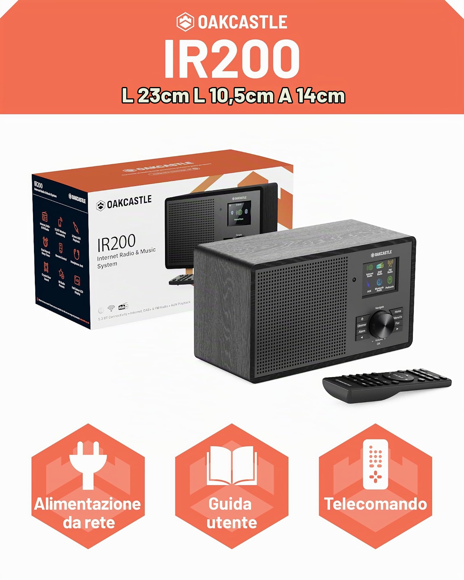 OAKCASTLE IR200 Radio Internet WiFi con Bluetooth 5.3 e Ingresso AUX | DAB+ e FM con Sintonizzatore Digitale | Podcast, Telecomando Incluso, Schermo a Colori Dimmerabile e EQ Personalizzabile