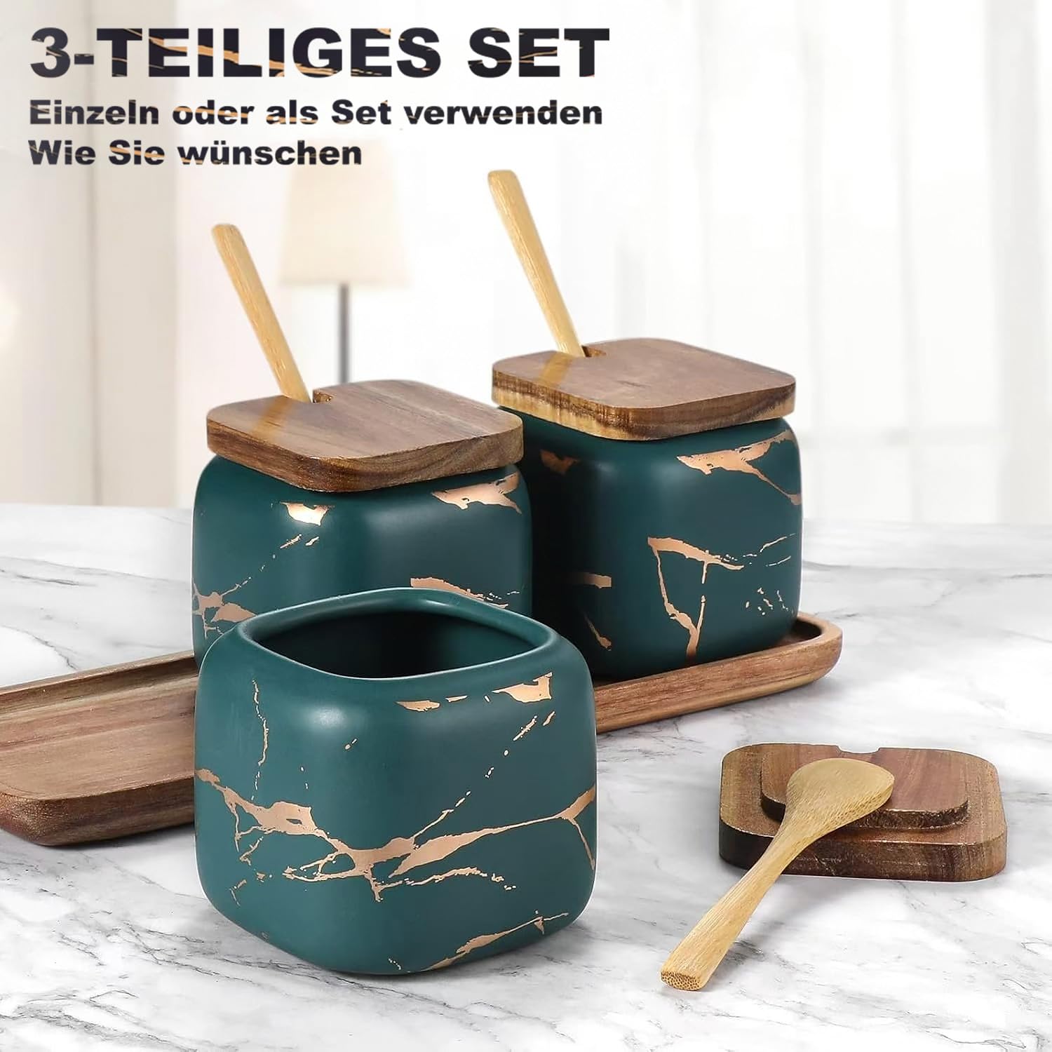 TELANKS Set Zuccheriera in Ceramica, 3 pz Condimento Box con Coperchio e Cucchiaio e Vassoio, Spezia Jar Cucina Scatola Barattolo di Spezie, Utensili da Cucina Forniture per Spezie, Verde