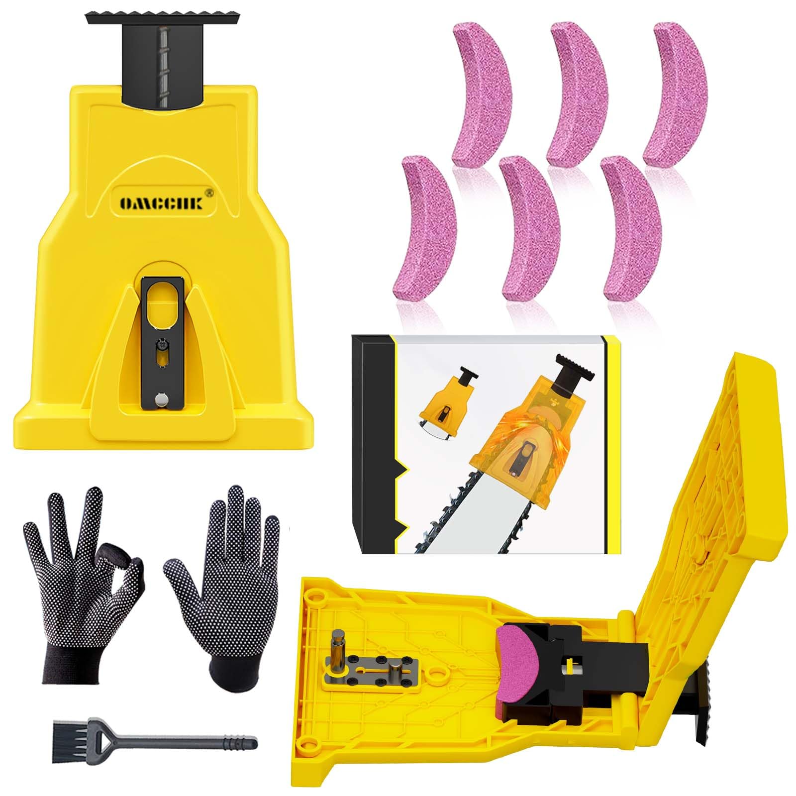 OMCCHK Universal Chainsaw Teeth Sharpener, Chainsaw Sharpener with 6 Fast Sharpening Stones, Portable Chainsaw Blade Sharpener, Chain Saw Sharpener Tool Kit for 12" - 22"