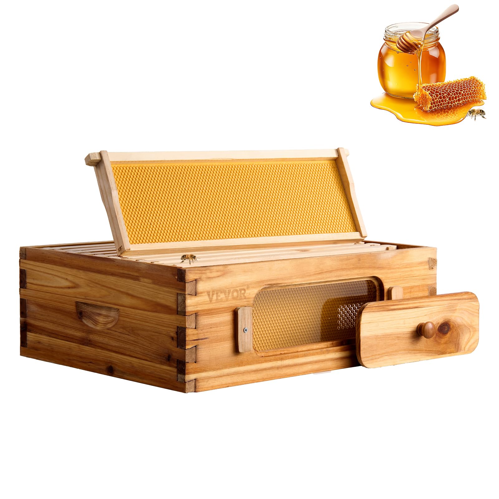 VEVOR Beehive Medium Box Starter Kit, 100% Beeswax Coated Natural Cedar, Langstroth Beehive Kit, 10 Frames and Foundation, Clear Acrylic Bee Window for Beginners and Professional Beekeepers