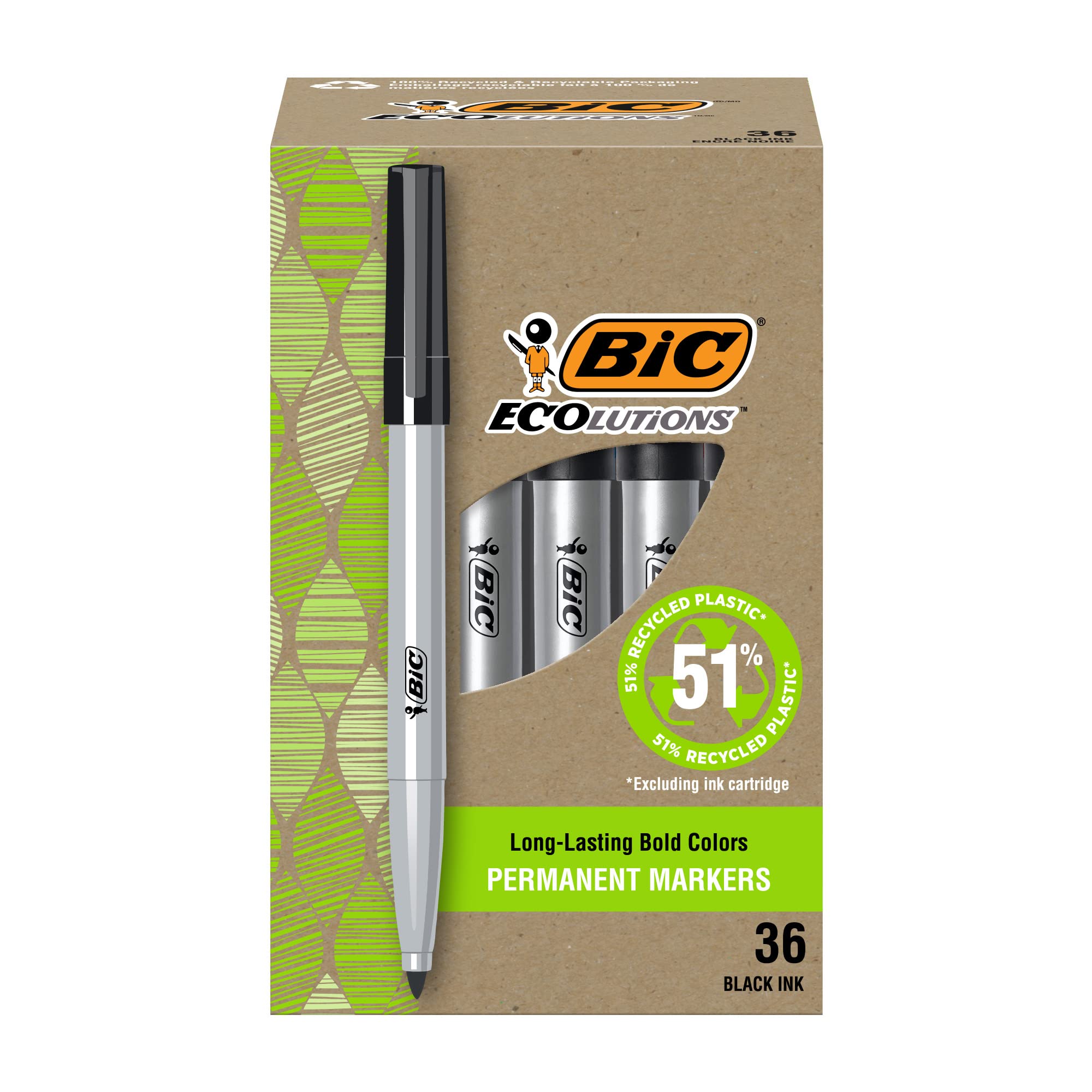 BIC Ecolutions Fine Permanent Markers, Fine Bullet Tip, 36-Count Pack Black Marker Set Made from 51% Recycled Plastic Excluding Ink Cartridge