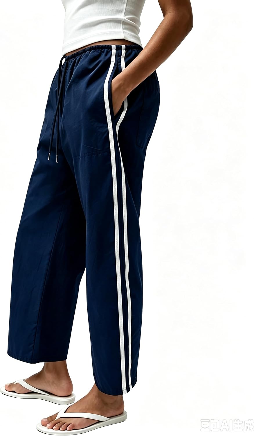 Xaspee Womens Cropped Striped Track Pants Wide Leg Drawstring Waist