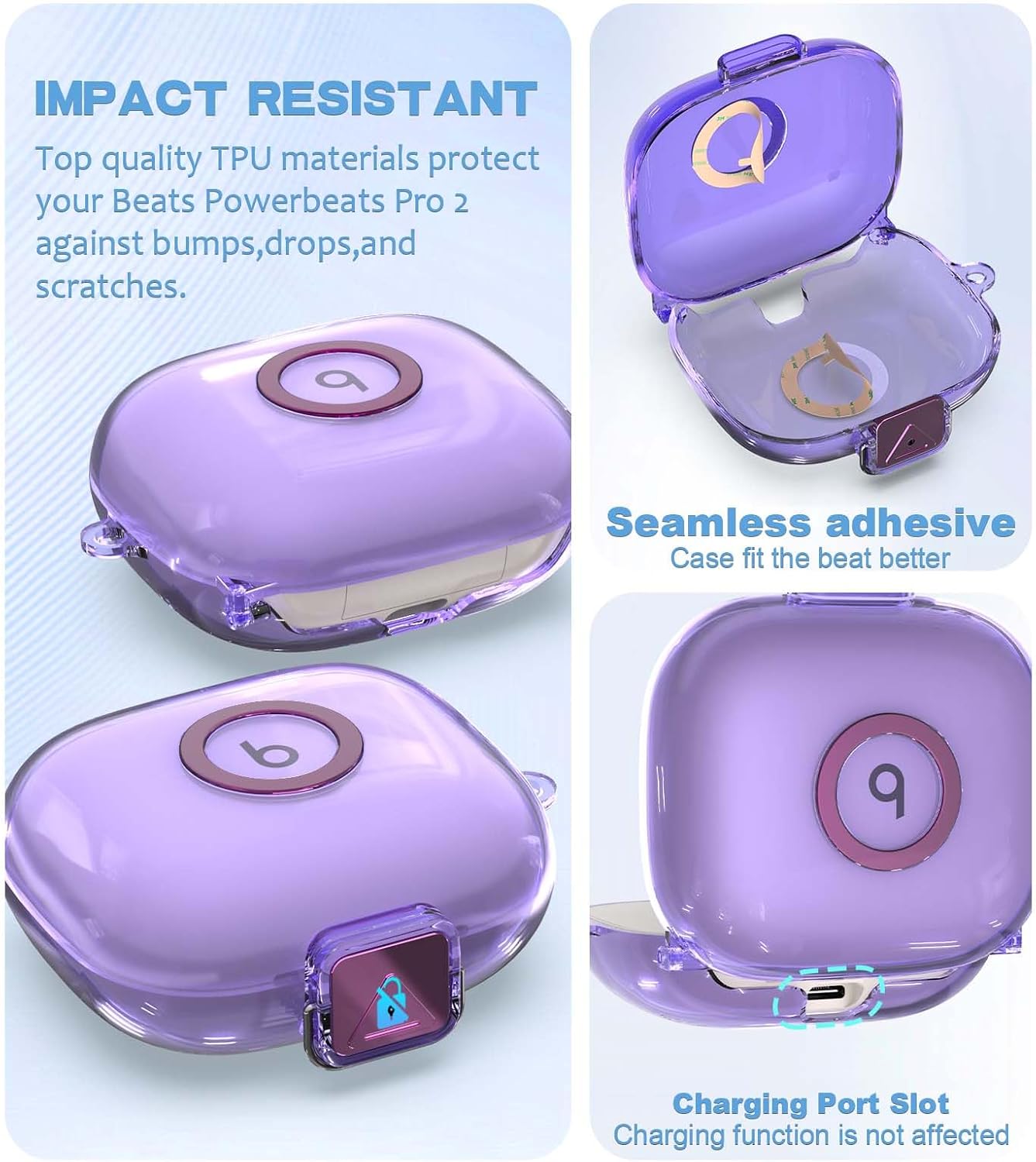 [Upgrade Secure Lock] for Beats Powerbeats Pro 2 2025 Case Cover with Cleaner Kit, AGENTNANO Clear TPU Shockproof Protective Cover with Beats Powerbeats Pro 2 Charging Case with Carabiner-Clear Purple - Image 2