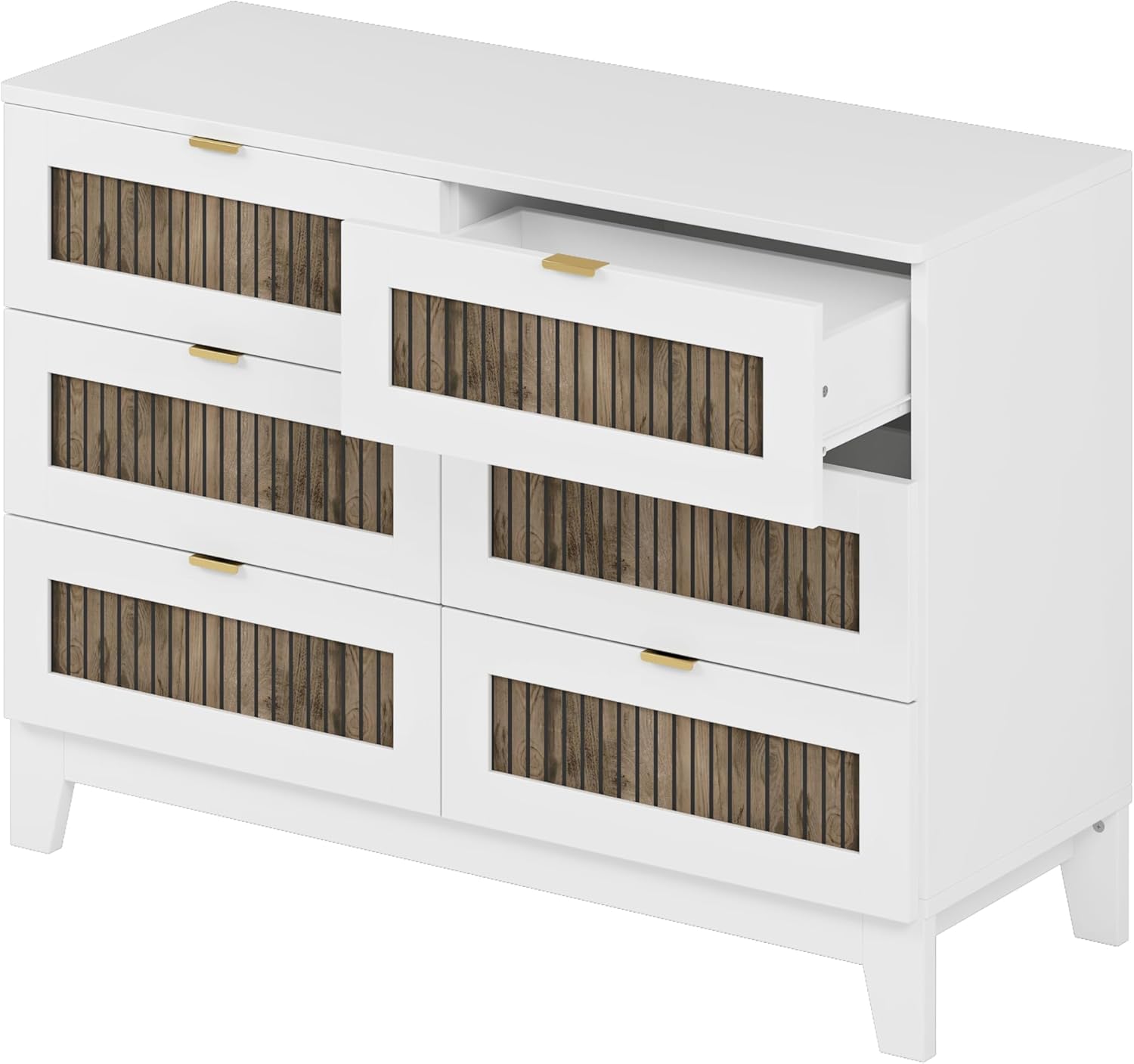 4 Pieces Bedroom Sets Full Size Farmhouse Platform Bed with Wooden Strip Decoration, 2 Storage Nightstands and A 6-Drawer Dresser with Metal Handle for Kids Teens Adults - White