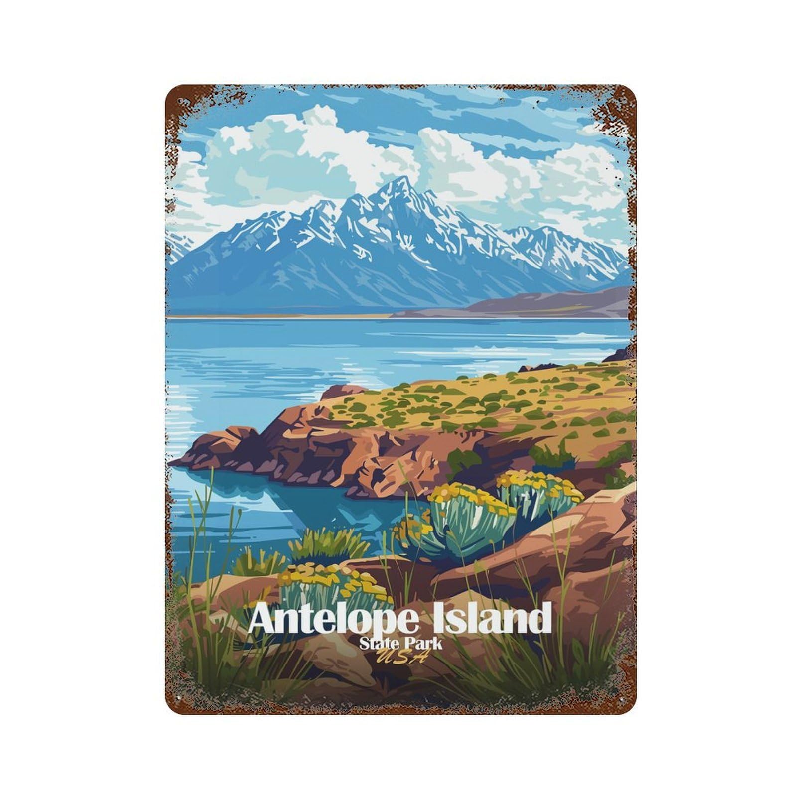 Garage Style Antelope Island State Park Illustration Decorative Tin Sign 15.7"x11.8", Rustic Home Decor for Bar And Workshop