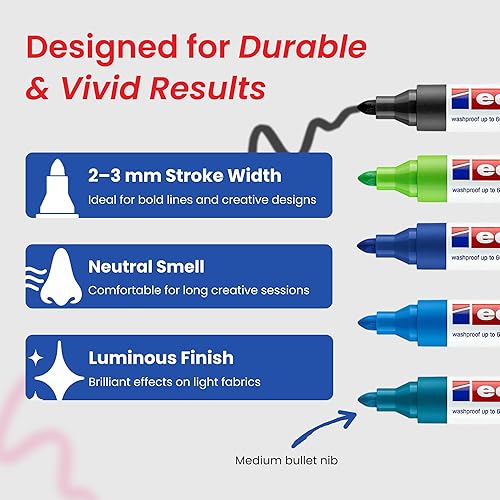 Miniatura 2 de edding Marcador textil 4500 - negro, 3x azul, verde - 5 bolígrafos - punta redonda de 0.079-0.118 in - marcadores permanentes de tela para dibujar