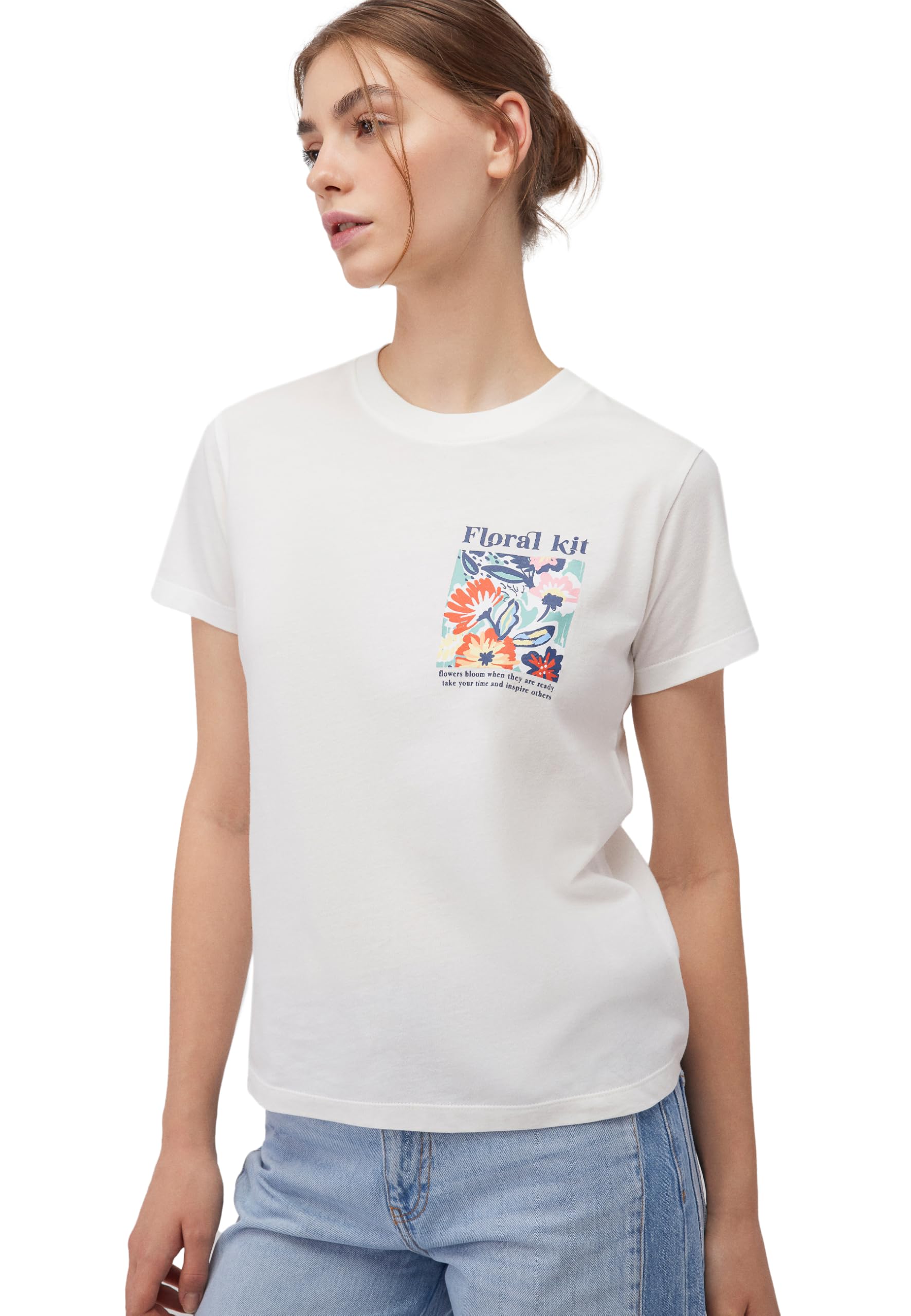 Mavi Women's Flower Printed Graphic T-Shirt, Antique White, L, Antique White, L