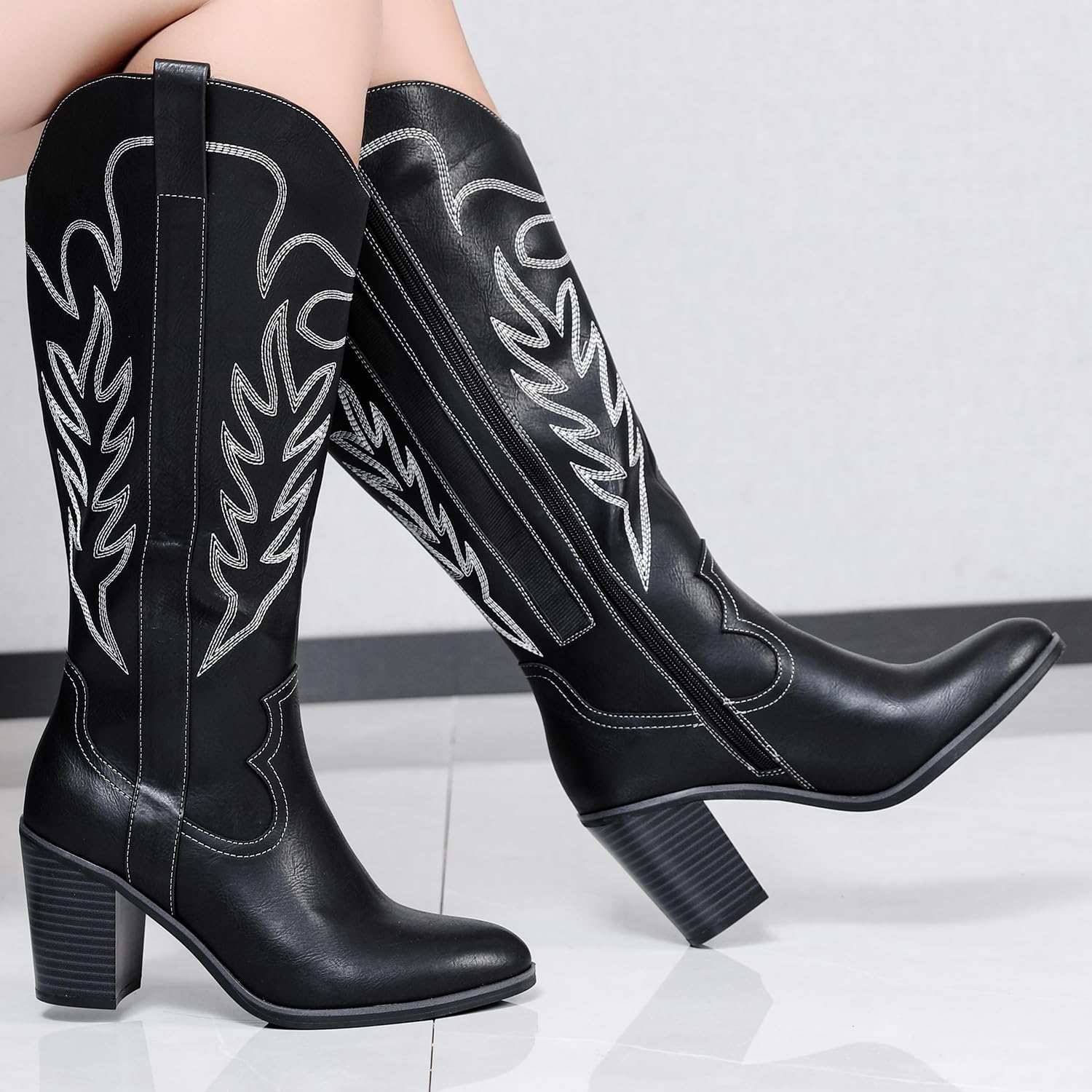 Luoika Women's Extra Wide Calf Cowboy Knee High Boots，Wide Width Cowgirl Boots Chunky Pump Heel Plus Size Western Tall Boots.