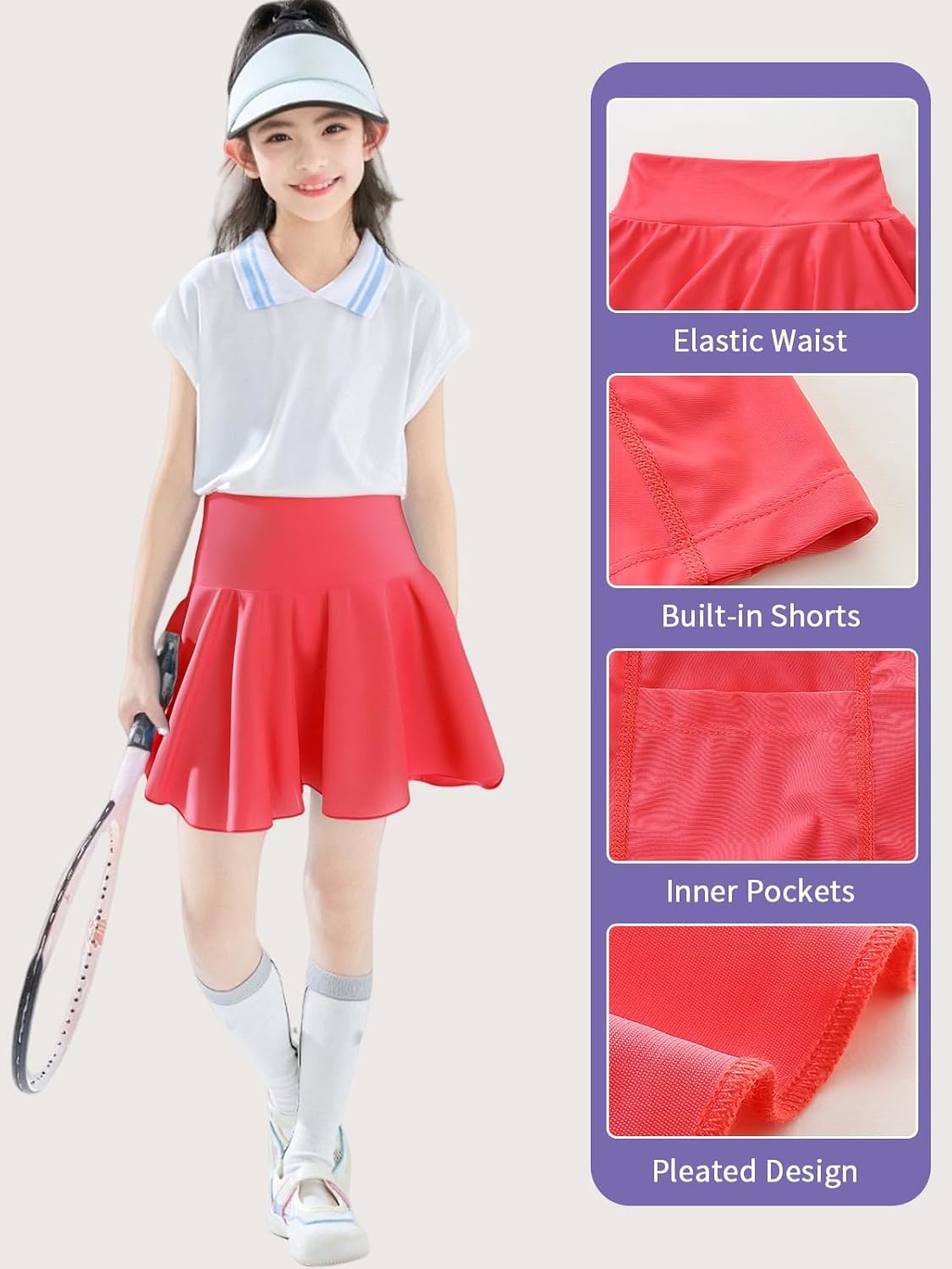 Girl's Tennis Skirts Built in Shorts Athletic Pleated Skirt High Waisted Flowy Skort with Pockets for Kids 7-18 Years - Image 2