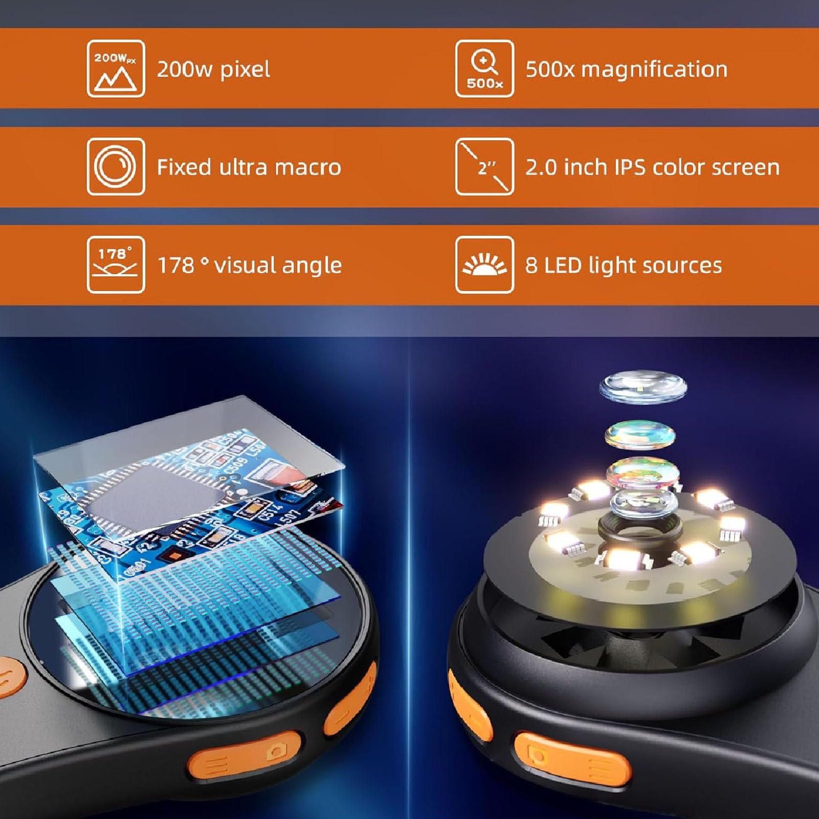 Macro Digital Microscope Fixed Focus, 2MP 500X Magnification Portable Handheld Magnifying Glass, 2.0in Color Screen, Built in 8 LED Lights, for Win Vista XP 7 8 10 11, for OS X