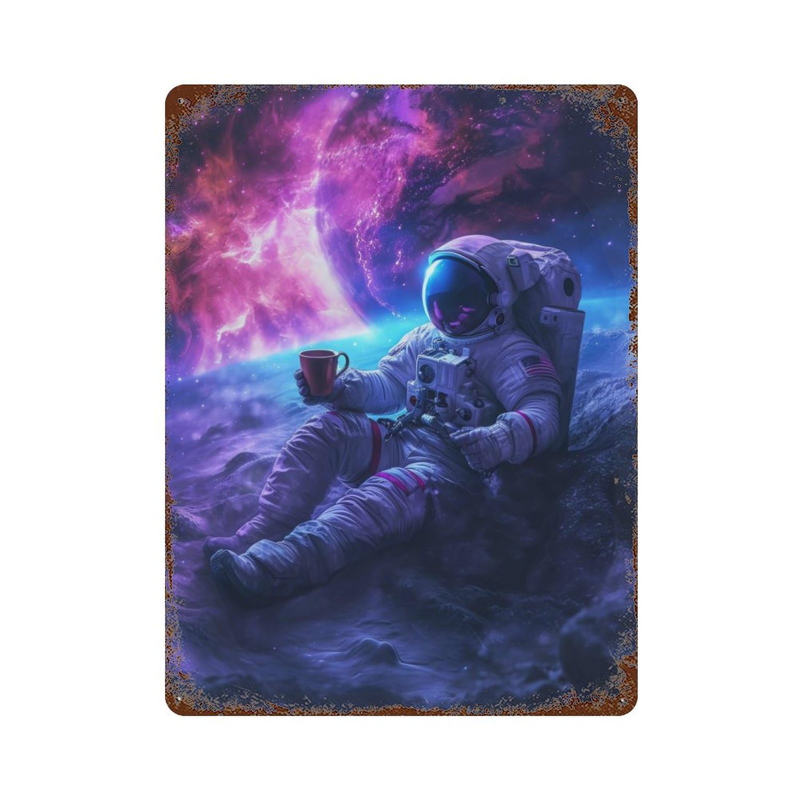 Vintage Rust Metal Sign Coffee Astronaut in Space 15.7"x11.8", Shabby Chic Decor for Cafe, Home Bar And Lounge Decor