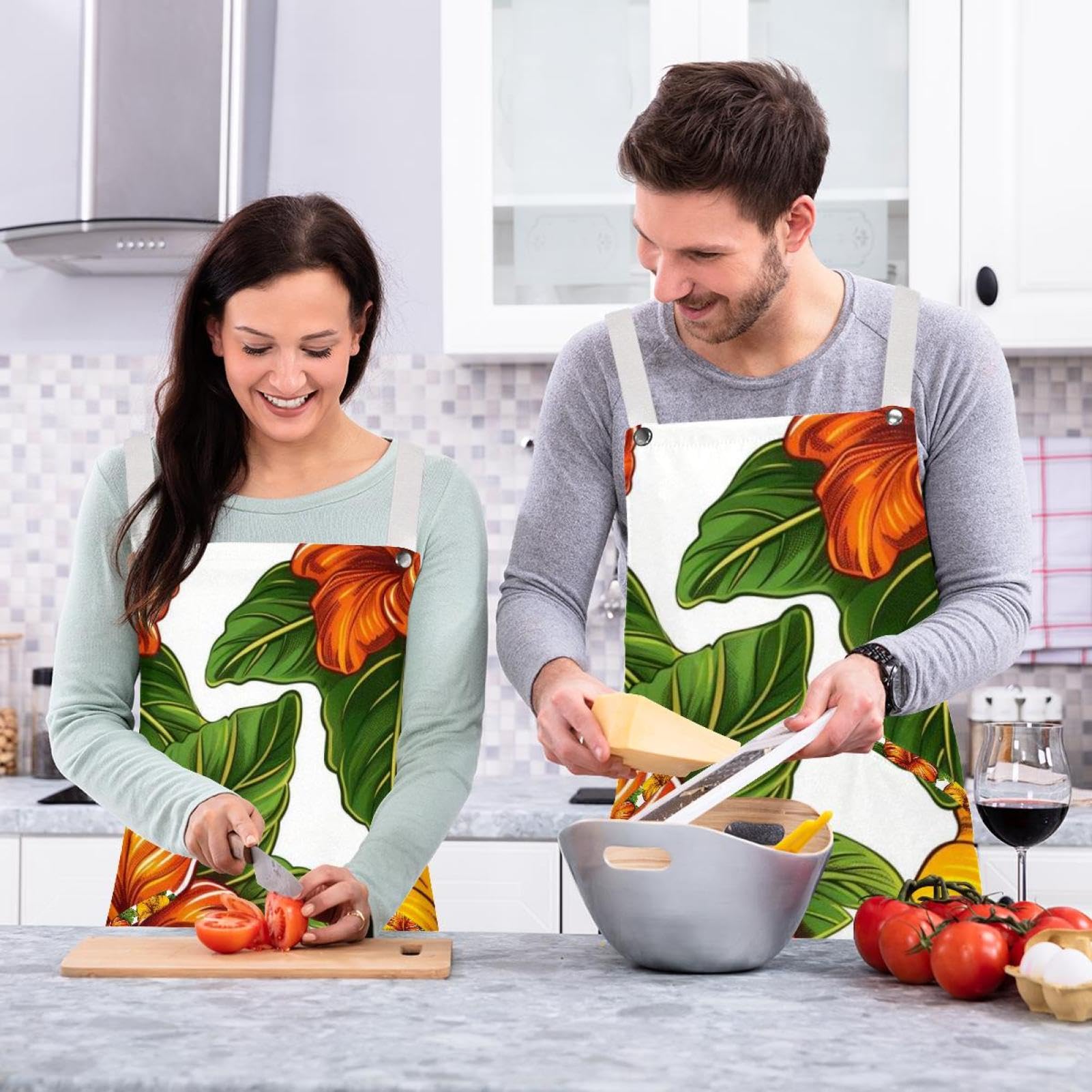 Lot de 2 tabliers de cuisine avec badge rond, motif fleur d'hibiscus vintage résistant à l'eau avec 2 poches, tabliers de cuisine pour homme et femme, Art Vintage Hibiscus Fleur,