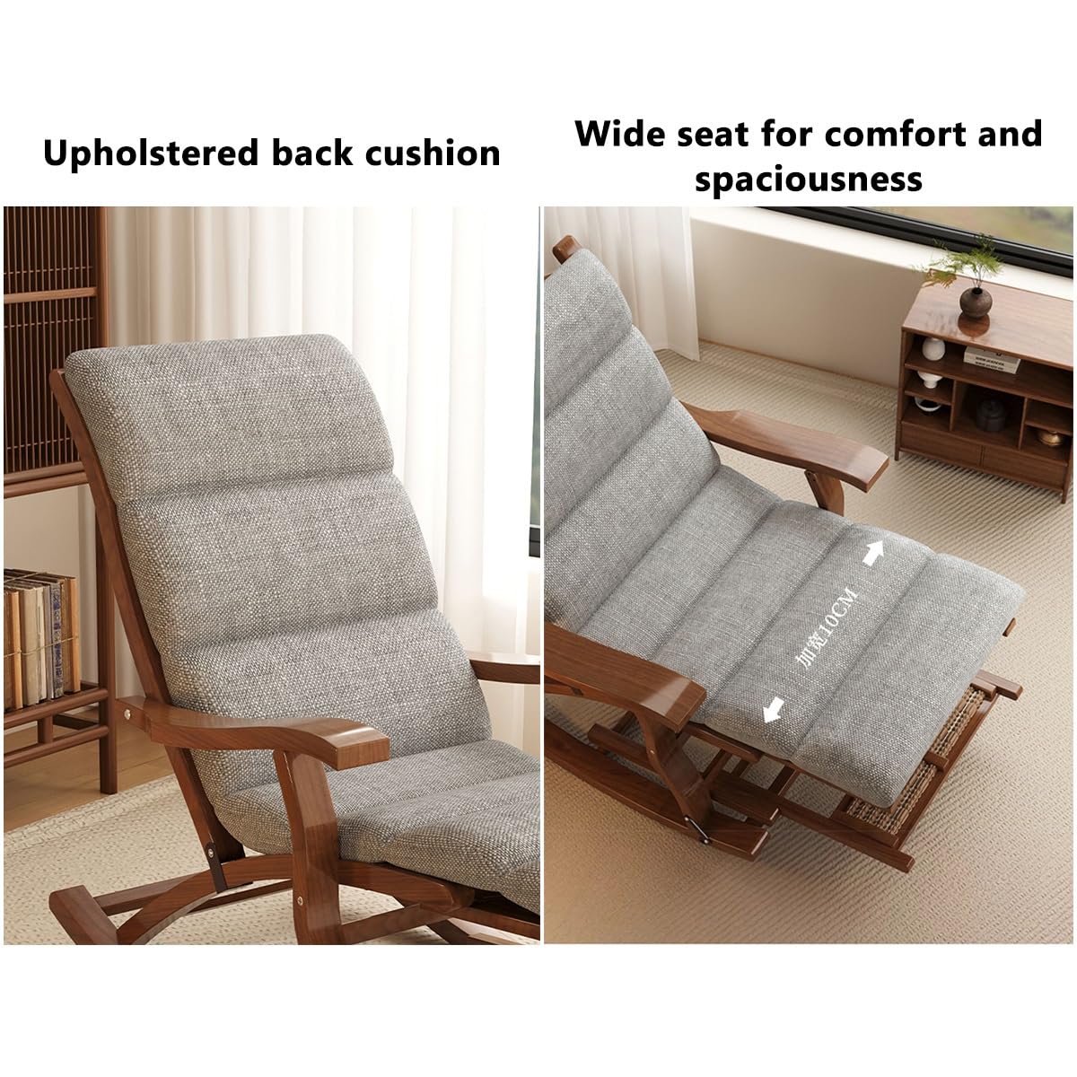 Drewniany Składany Fotel Bujany Leżaki Bujane Bambusowe Krzesło Ogrodowe Dla Osób Starszych, Krzesła Patio Podnóżek I Podłokietnik, Ergonomiczne Regulowane Oparcie (Color : Light Brown, Size : Walnu