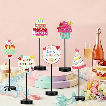 6 pcs Birthday Table Decor, Happy Birthday Table Decorations with Double-Sided Printed Wooden Centerpieces for Party