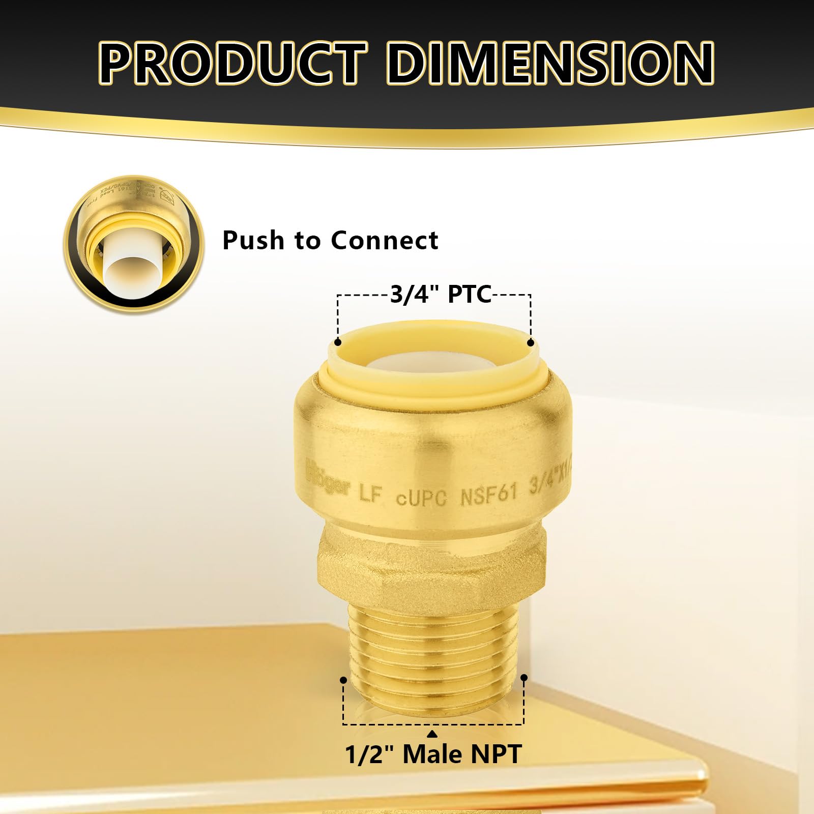 50 szt. złączek mosiężnych Foskan 3/4" Push-to-connect x 1/2" z gwintem zewnętrznym, do łączenia rur PEX, miedzianych, C, PE-RT, z zaciskiem rozłączającym do napraw hydraulicznych (PTC x MNPT)