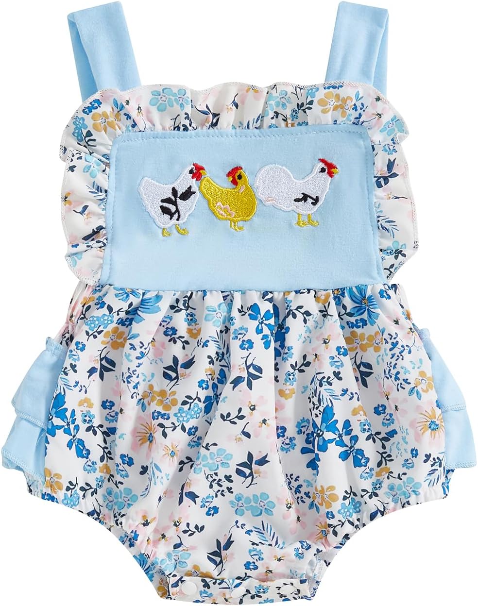 Newborn Baby Girl Summer Outfit Floral Chicken Embroidered Sleeveless Ruffle Bodysuit Bubble Romper Farm Overall 0-18M