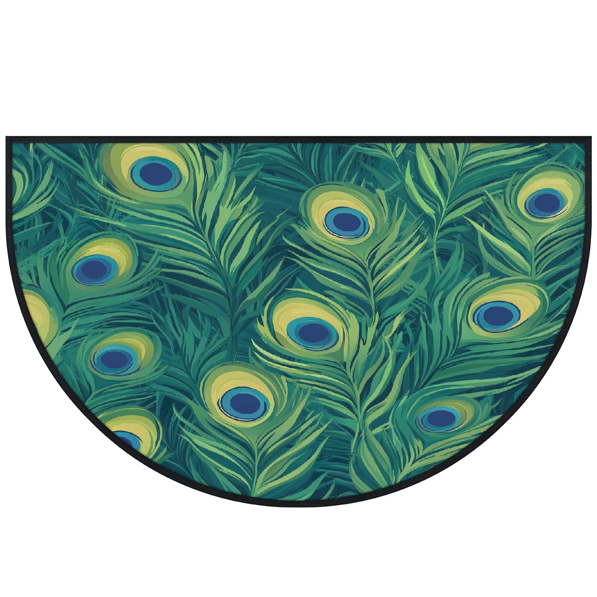 Mexpekil Paillasson demi-lune avec plumes de paon vert pour intérieur et extérieur, antidérapant, lavable, absorbant, anti-saleté, 100 x 160 cm
