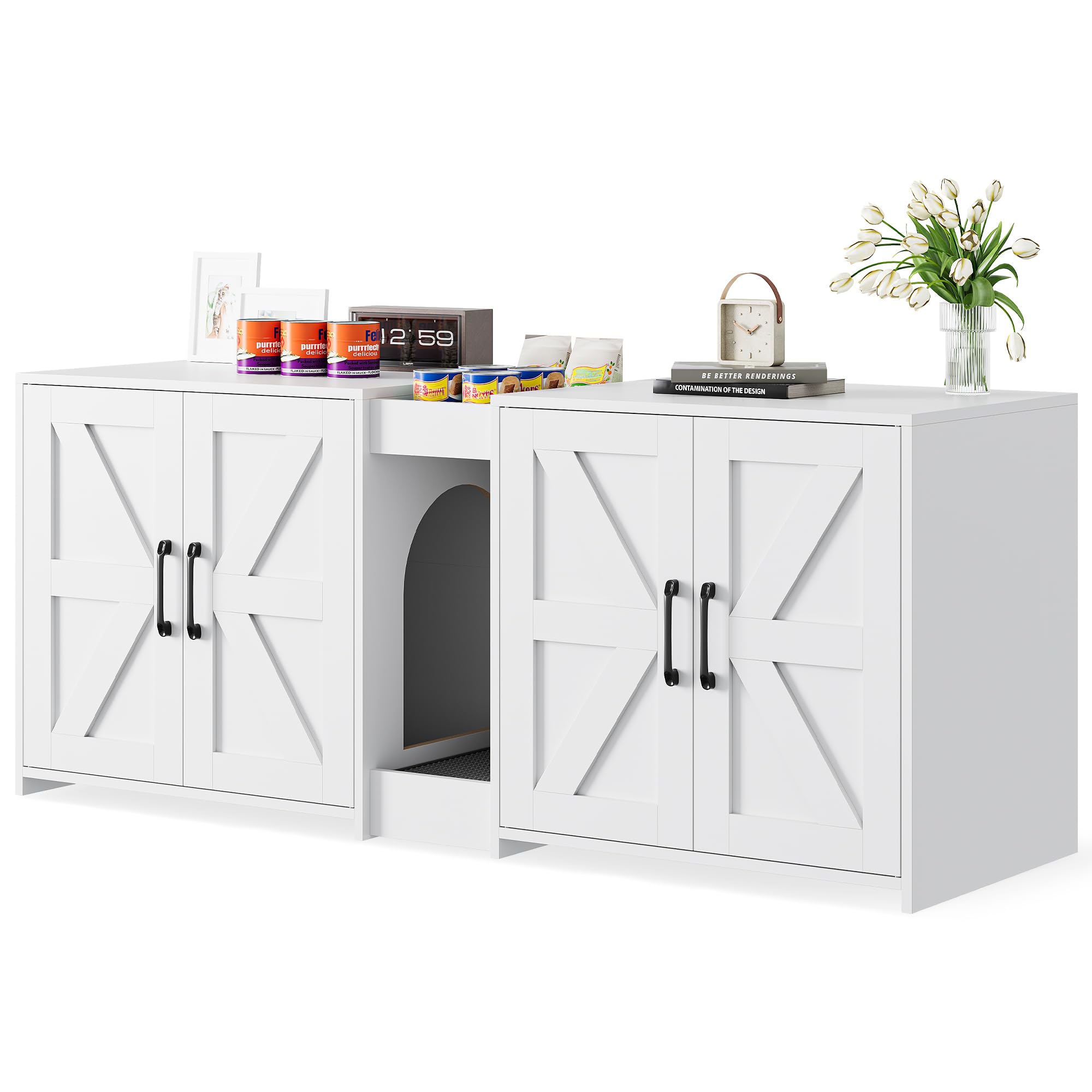 55" Cat Litter Box Enclosure, Double Litter Box Cabinet with Cat Bed, PVC Pad and Scratch Pad, Hidden Litter Box Furniture for 2 Cats with Storage and 2 Entrances, White