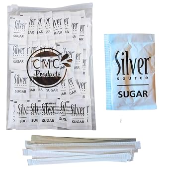 Sugar Packets 100 Count 2.6g Each with Stir Stick in Resealable CMC Products Food Safe Bag Packaged by CMC Products