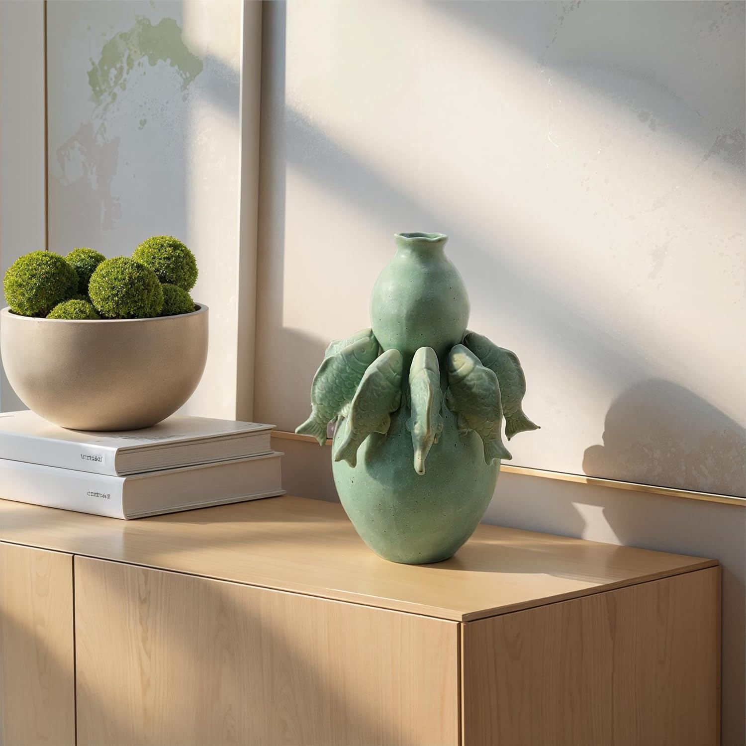Creative Co-Op Stoneware Vase with 3D Fish and Reactive Glaze, Matte Sage Green