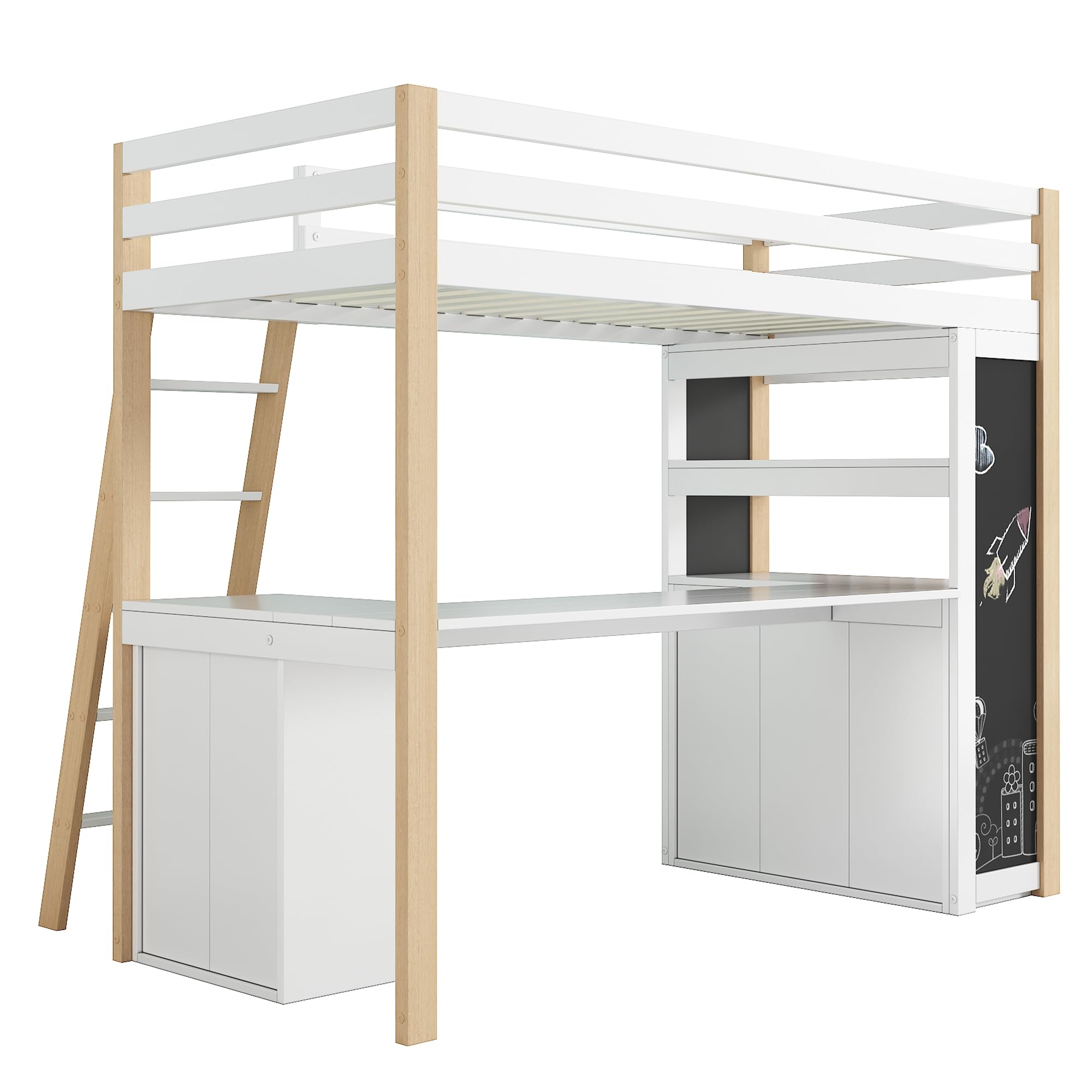 Sapgaks Lit superposé Enfants 90x200 avec Bureau,lit Mezzanine 1 Places 90x200 avec Compartiment de Rangement,avec échelle,Grand tiroir, Tableau Noir,étagère,Blanc + Naturel