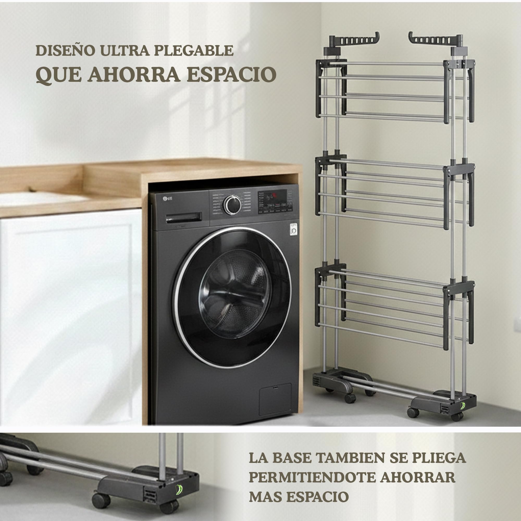 CAMBURVERDON® Tendedero Vertical Tipo Torre - Base Plegable | BASE PLEGABLE: guardado ultra compacto. Incluye 10 perchas exclusivas. Acero inox (50kg), 4 niveles y movilidad 360º.