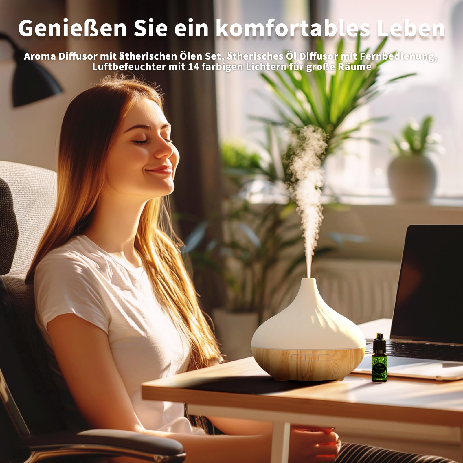 Aroma Diffuser für Duftöle 500ML,mit Fernbedienung und Flower Ätherische Öle Set 6x10 ML,4 Timer-Einstellung,7 Arten LED Lichtfarben