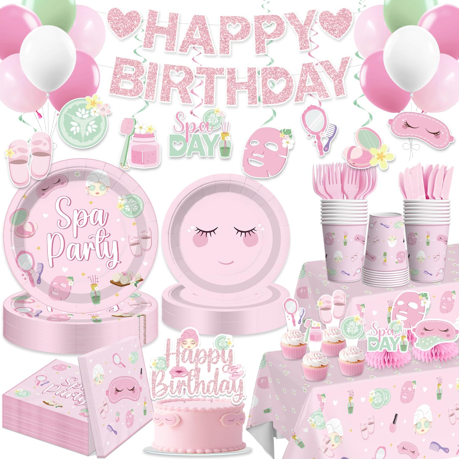 205 Pcs Spa Party Decorations Serves 25 Guests – Disposable Tableware Set with Banner, Balloons, Cake Toppers, Plates, Napkins, Tablecloth - Easy Assembly Spa Birthday Party Supplies for Girls