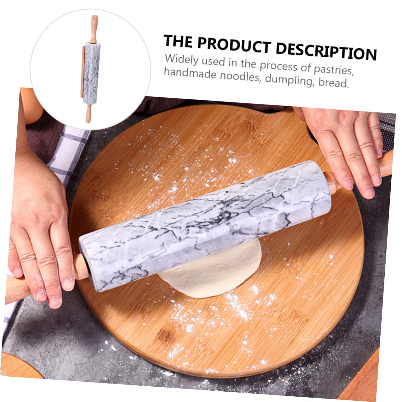 Mattarello in Marmo Manico in Legno, Superficie Antiaderente, Pratico per Cucina e Impasto, Design Semplice per Pasta e Dolci