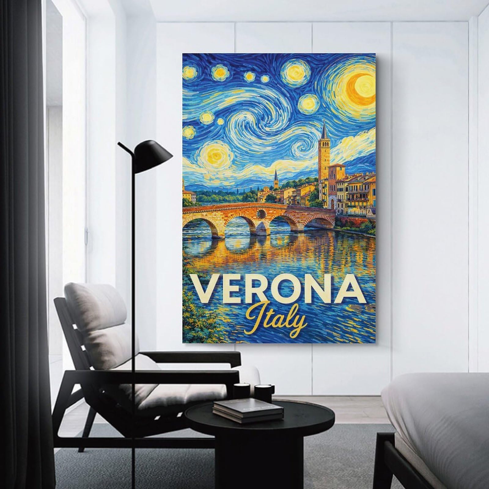 Junmoney Verona Italy Starry Night Painting Room Decor Wall Art, 24x36inch(60x90cm), for Living Room, Lounge Or Sitting Room, A Home Accent with Warm Character