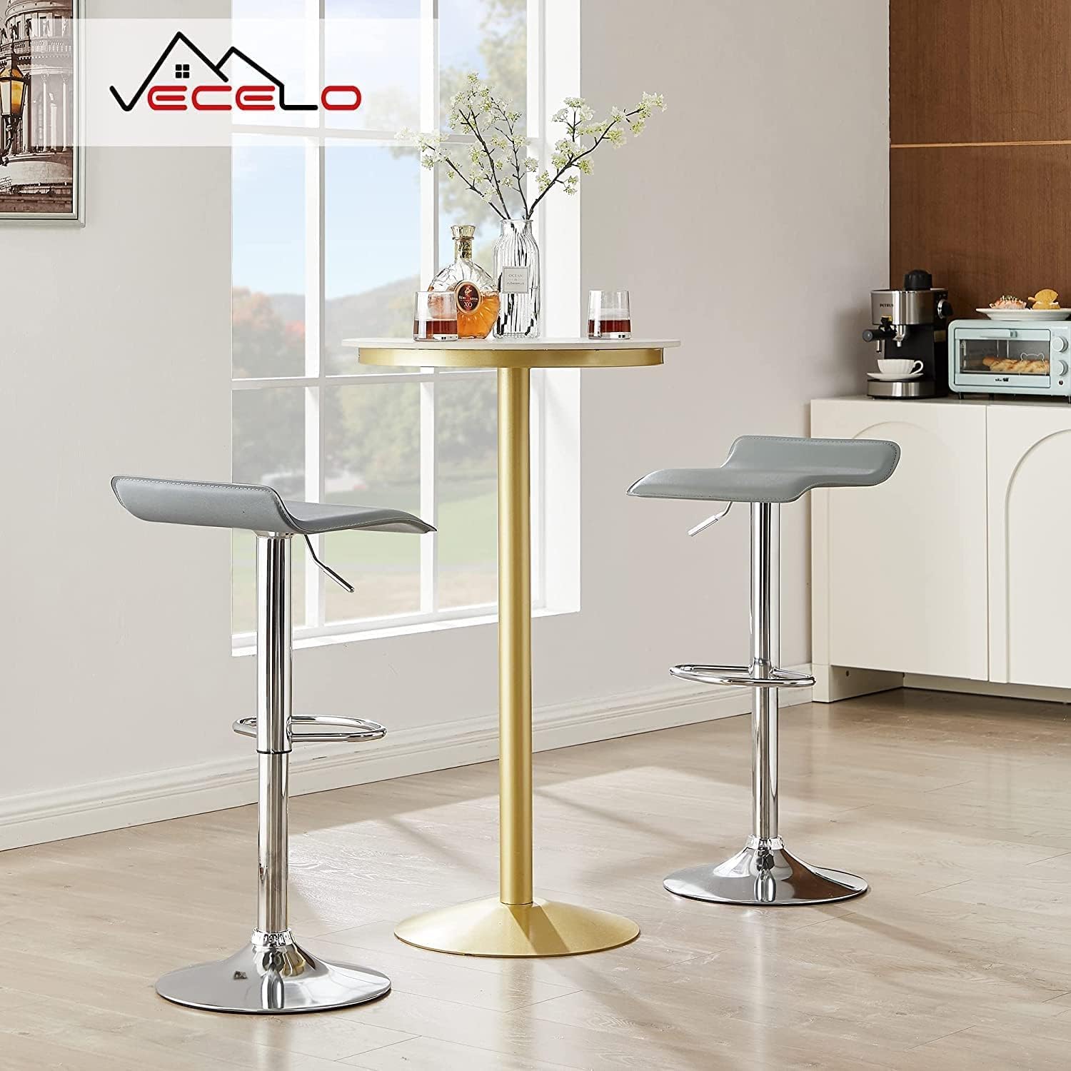 VECELO Bar Stools Set of 4, Armless Adjustable Swivel Barstools, Modern Backless Counter Height Stools for Kitchen, Island, Bar, Light Grey