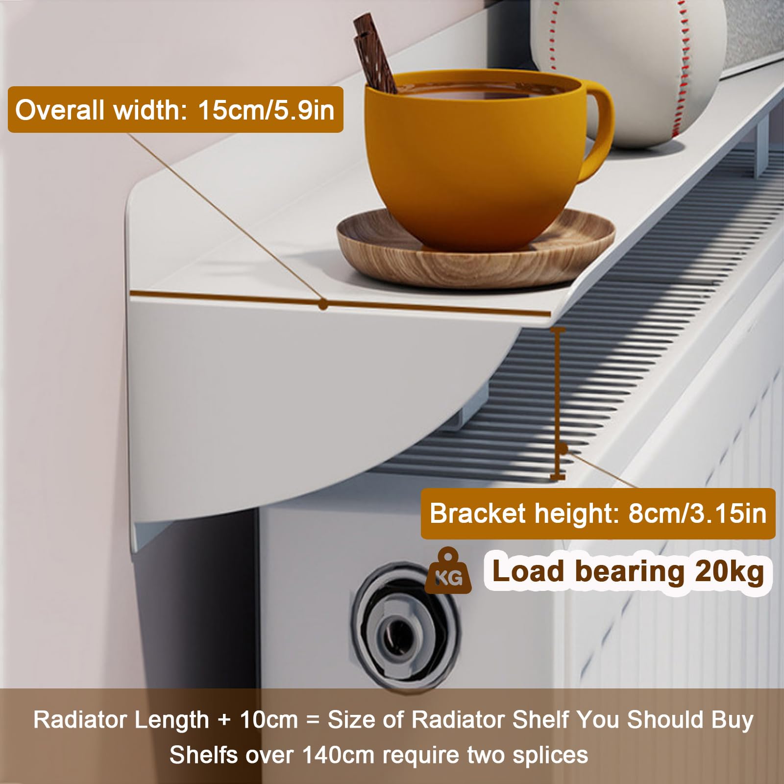 Balda Radiador de 15cm de Profundidad - Cubre Radiadores Aluminio Maximizar el Espacio - Estante Radiador Sin Agujeros Cubreradiador con Soporte,60cm/23.7in
