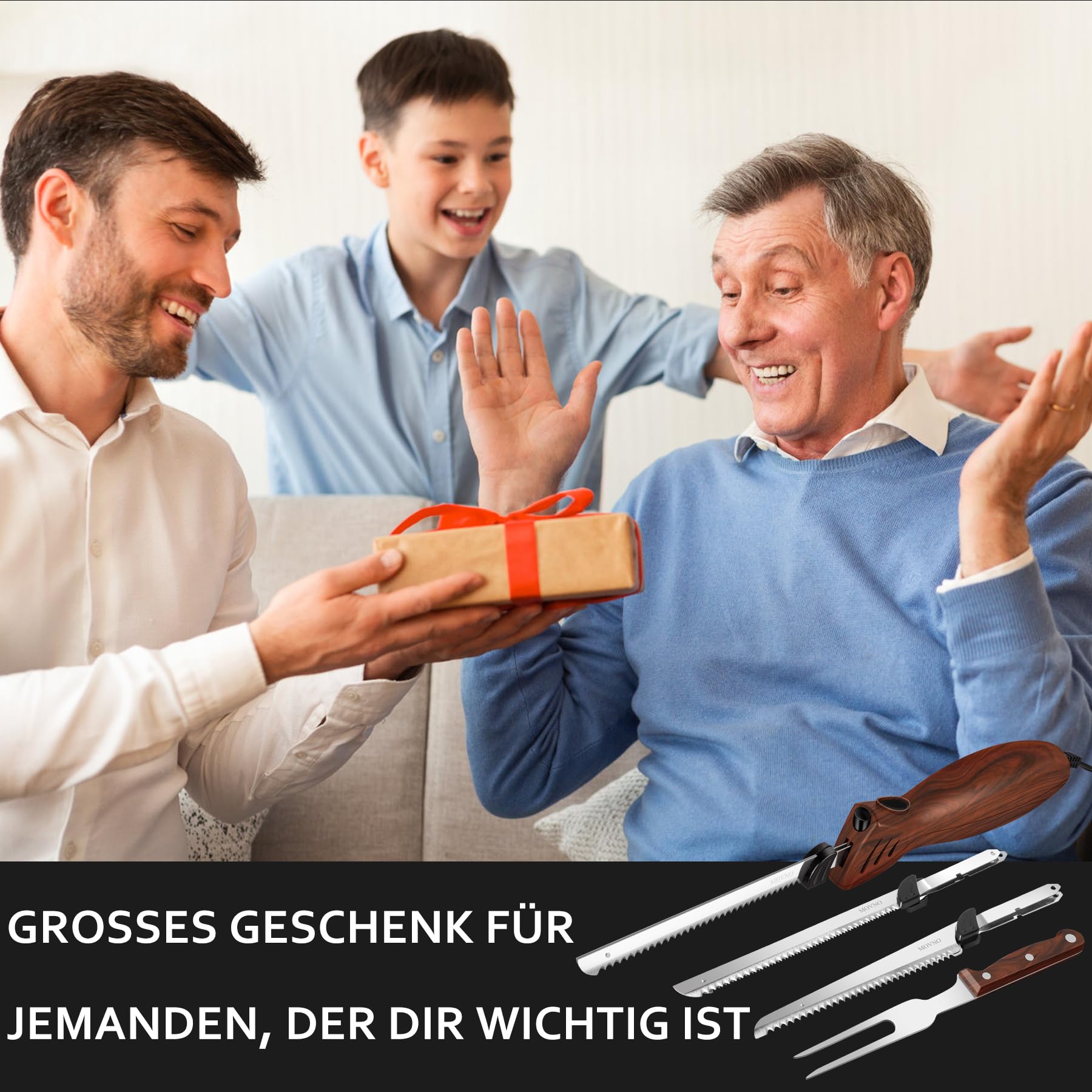 MOVNO elektrisches Messer, elektrisches Messer für Fleisch, Tranchieren von Truthahn, Brot, Geflügel, Filetieren, Schaumstoffbearbeitung und mehr, ergonomischer Griff, Gabel enthalten, Elektromesser