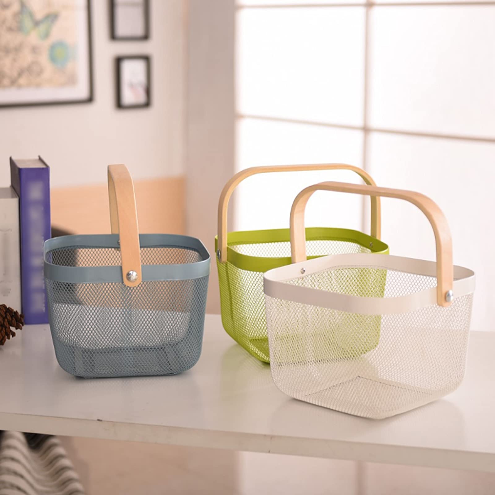 SLDHFE Cestino in acciaio a rete metallica, organizer multifunzione da appendere con manico in legno, ideale per cucina, bagno, dispensa, armadietti, casa, shopping, ecc