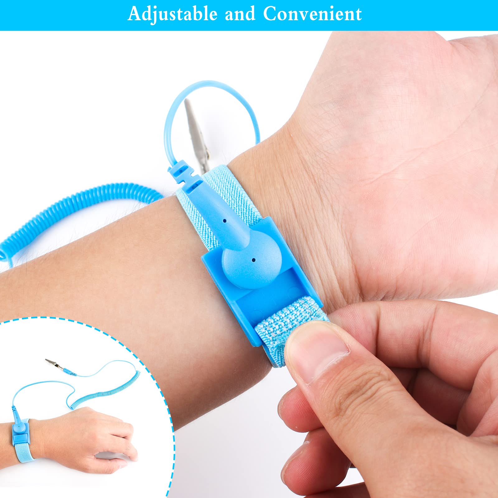 6 Pezzi Braccialetti Antistatici Bracciale Antistatico con Cinturino Anti Elettricità Statica Cinturino da Polso Antistatico con Cavo a Terra e Clip a Coccodrillo Blu