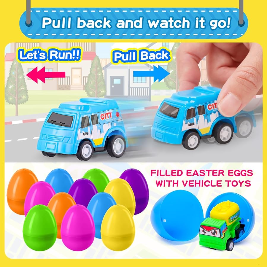 MGparty 12 Pack Prefilled Easter Eggs with Car Toys for Kids Toddlers Bulk Plastic Eggs Pull Back City Truck Vehicles Easter Goodie Bags Stuffers for Toddlers Boys Girls - image 3