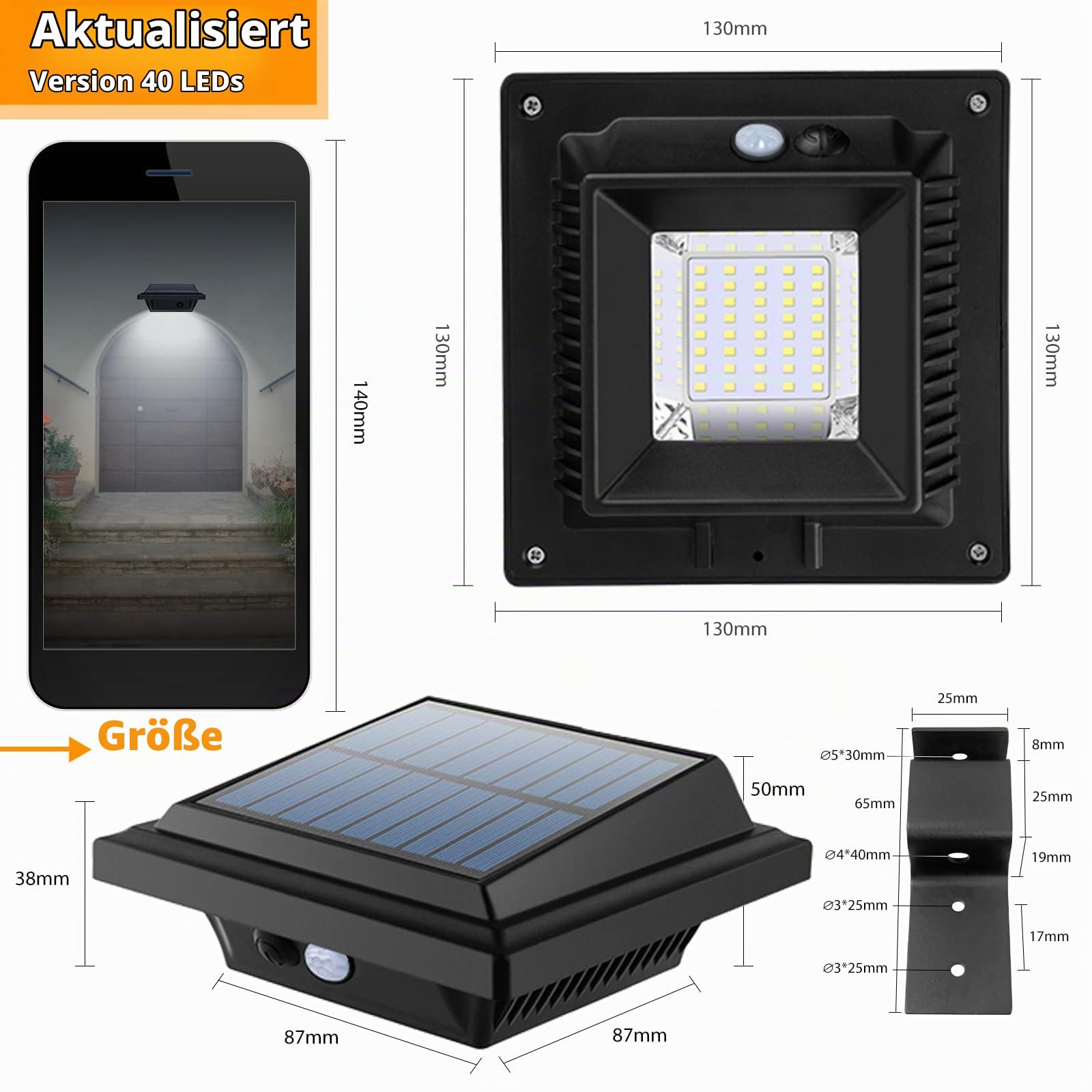 Dachrinne Solarleuchte mit Bewegungsmelder 40 LEDs | Solarlampen für Außen | Schwarz Gartenbeleuchtung Kaltweißes Solarlicht, 3W PIR Sicherheitswandleuchte Außenlampe für Garage, Patio