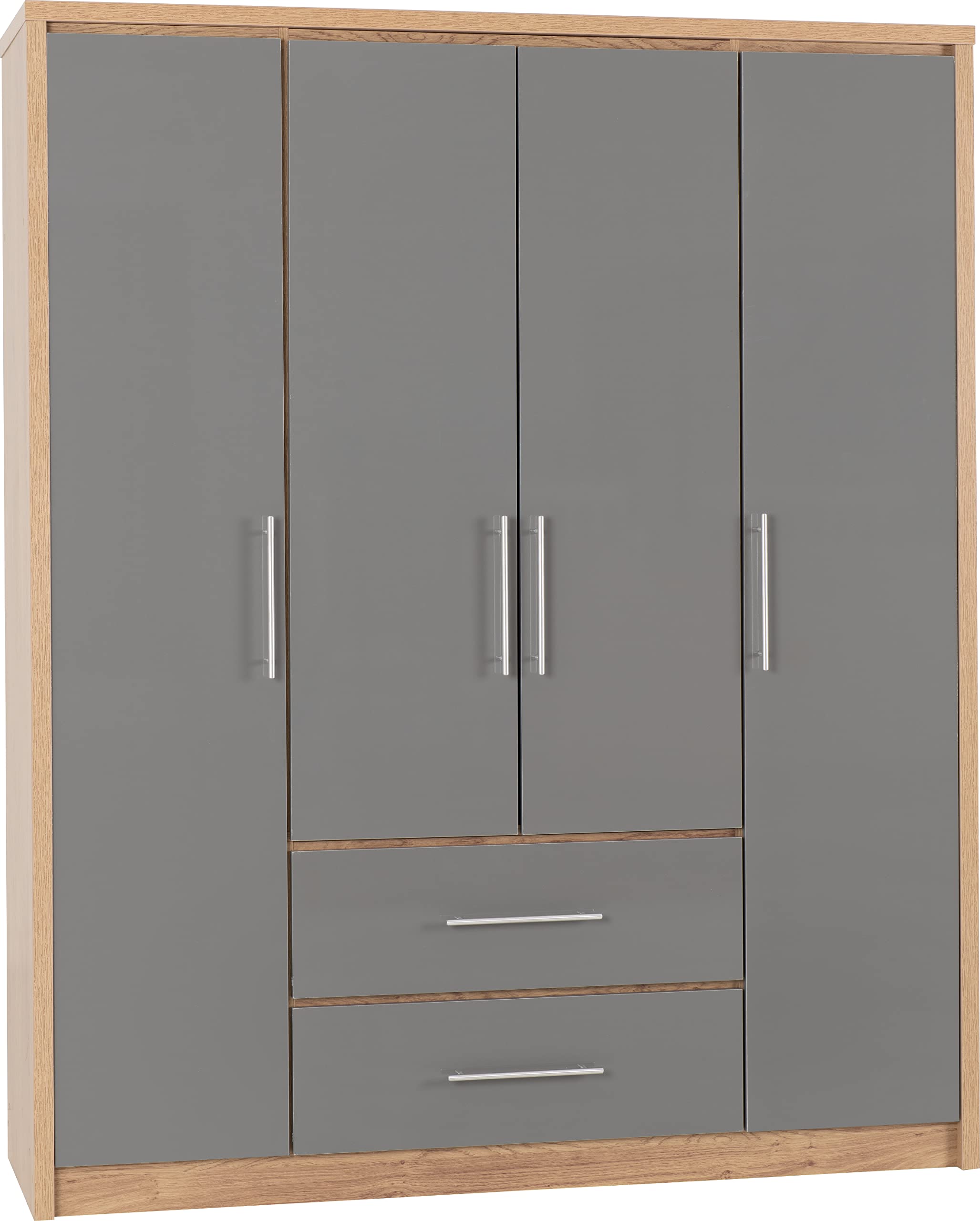 Seconique Grey/Light Seville 4 Door 2 Drawer Wardrobe - High Gloss And Oak