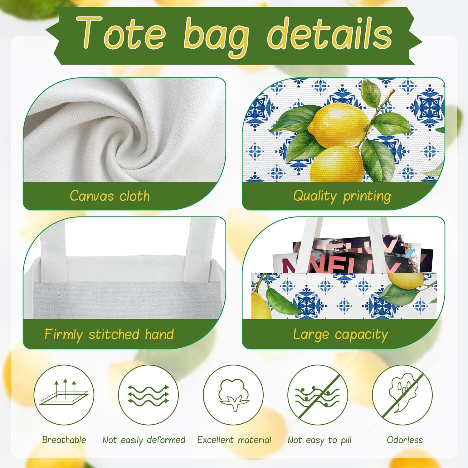 Lemon Tote Bags for Women - 8 Pack Italian Islands Gift Amalfi Coast Lemon Floral Canvas Grocery Bags, Lightweight Shoulder Bag Bulk Set for Beach, Shopping, Party Favors - Image 5