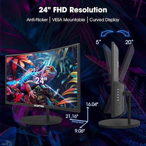 Miniatura 6 de Sceptre - Monitor curvo para juegos de 24 pulgadas 100Hz 1080p R1500 98% sRGB HDMI x2 VGA altavoces integrados, máquina de montaje en pared VESA