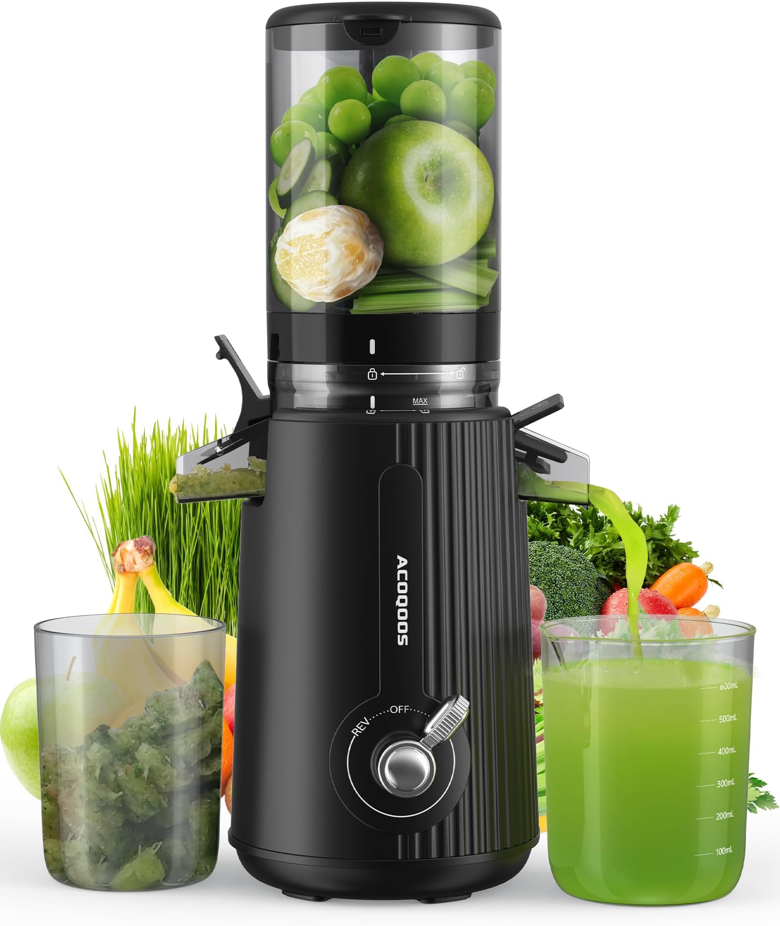 ACOQOOS Juicer Machines, Cold Press Juicer Whole Fruit and Vegetable with 4.3" Feeding Chute, Easy to Clean Juicers with 2 Cups