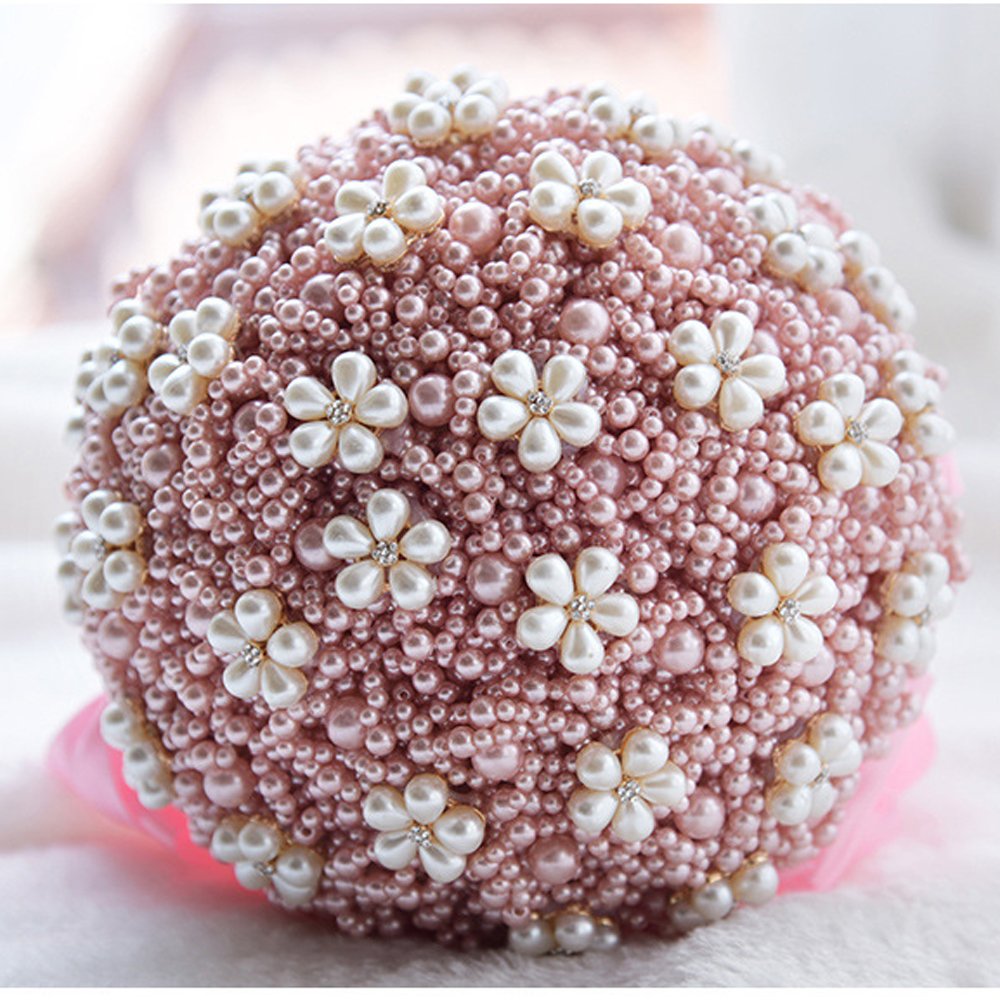 Bridal Bouquets for Wedding,Full Pearls Artificial Bouquet Handmade Bride Holding Flowers Wedding Bouquets (Pink)