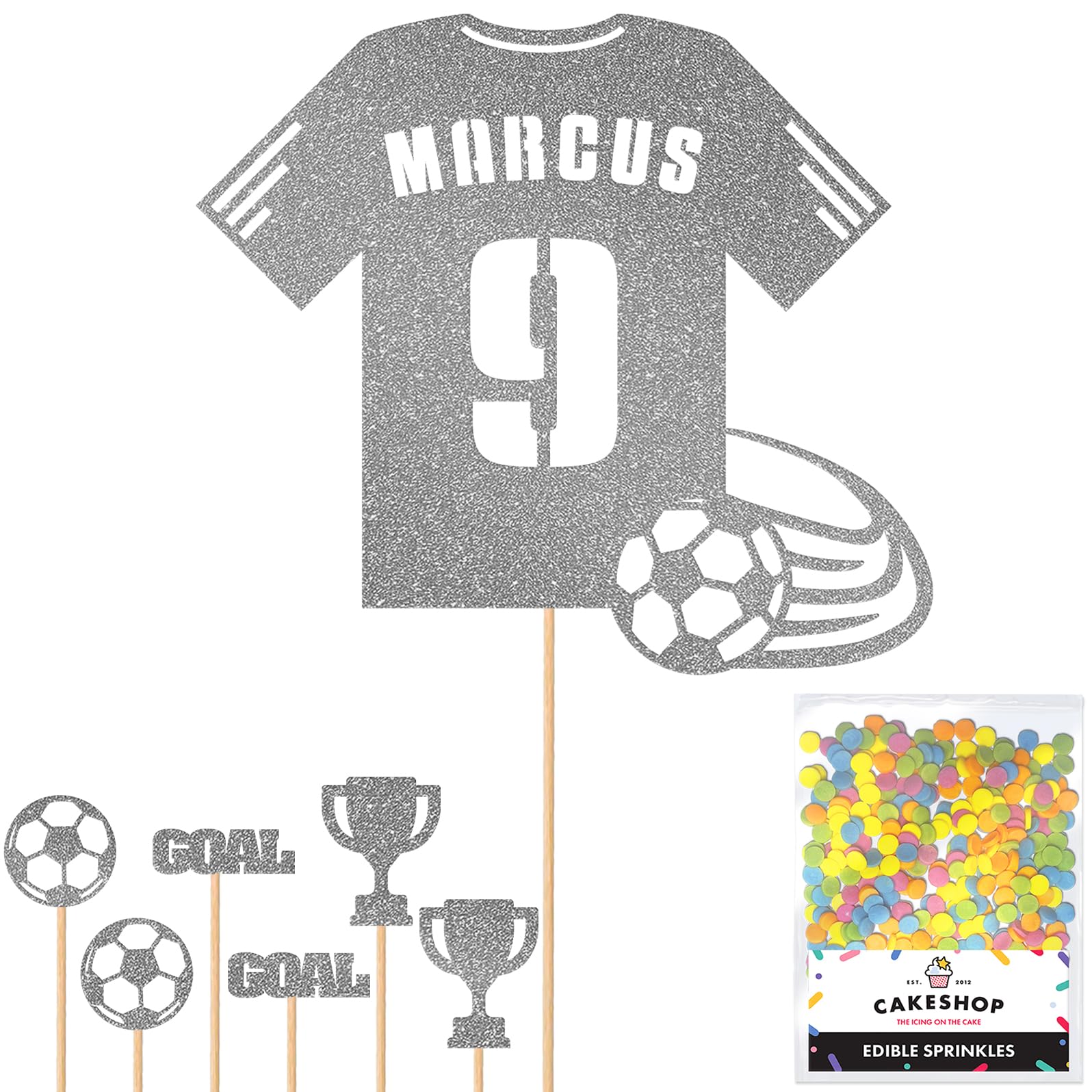 Personalised Birthday Football Kit Jersey Cake Topper- Dk Silver Any Name & Age Number Glitter Cake Decoration and Sprinkles - Happy Birthday Decorations - Personalised Toppers for Cakes by Cakeshop โ image 1