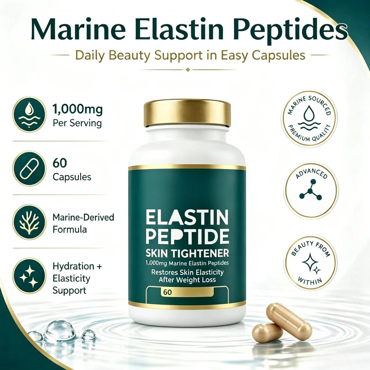 Peptidi di elastina, promuovono l'elasticità della pelle, nutrono, promuovono la lucentezza naturale, rassodano la pelle, idratano e idratano, adatti sia a uomini che a donne