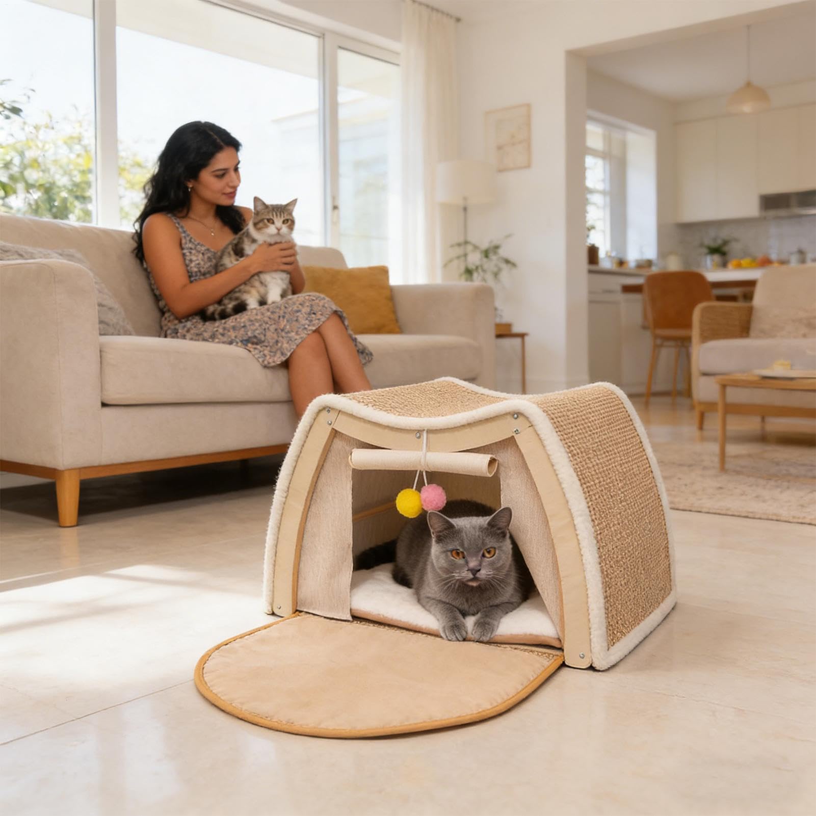 Casa para Gatos Casa para Gatitos con Rascador de Sisal | Tienda para Gatitos en Interior del Hogar Dormitorio Habitación de Mascotas Suelo Invierno